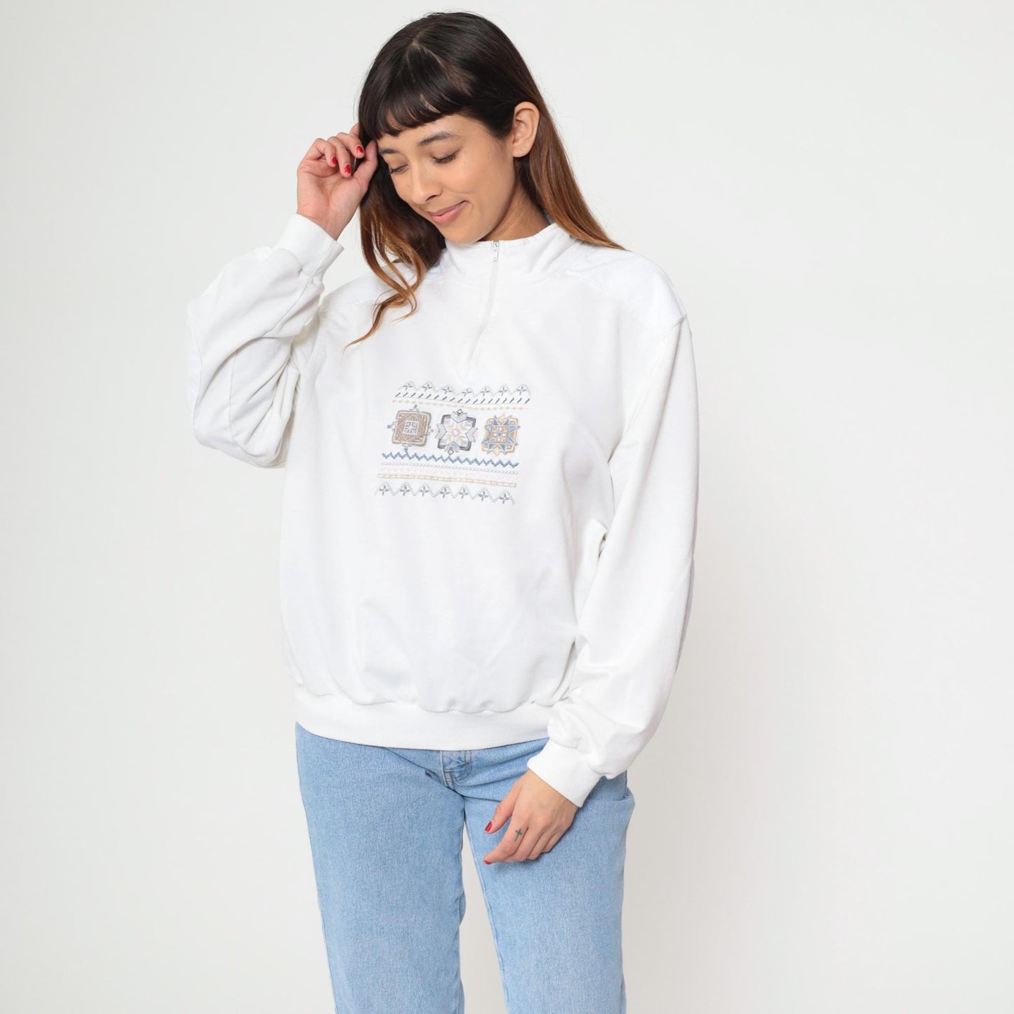 80s Alfred Dunner Quarter-Zip Sweatshirt White Geometric Embroidered Extra Large