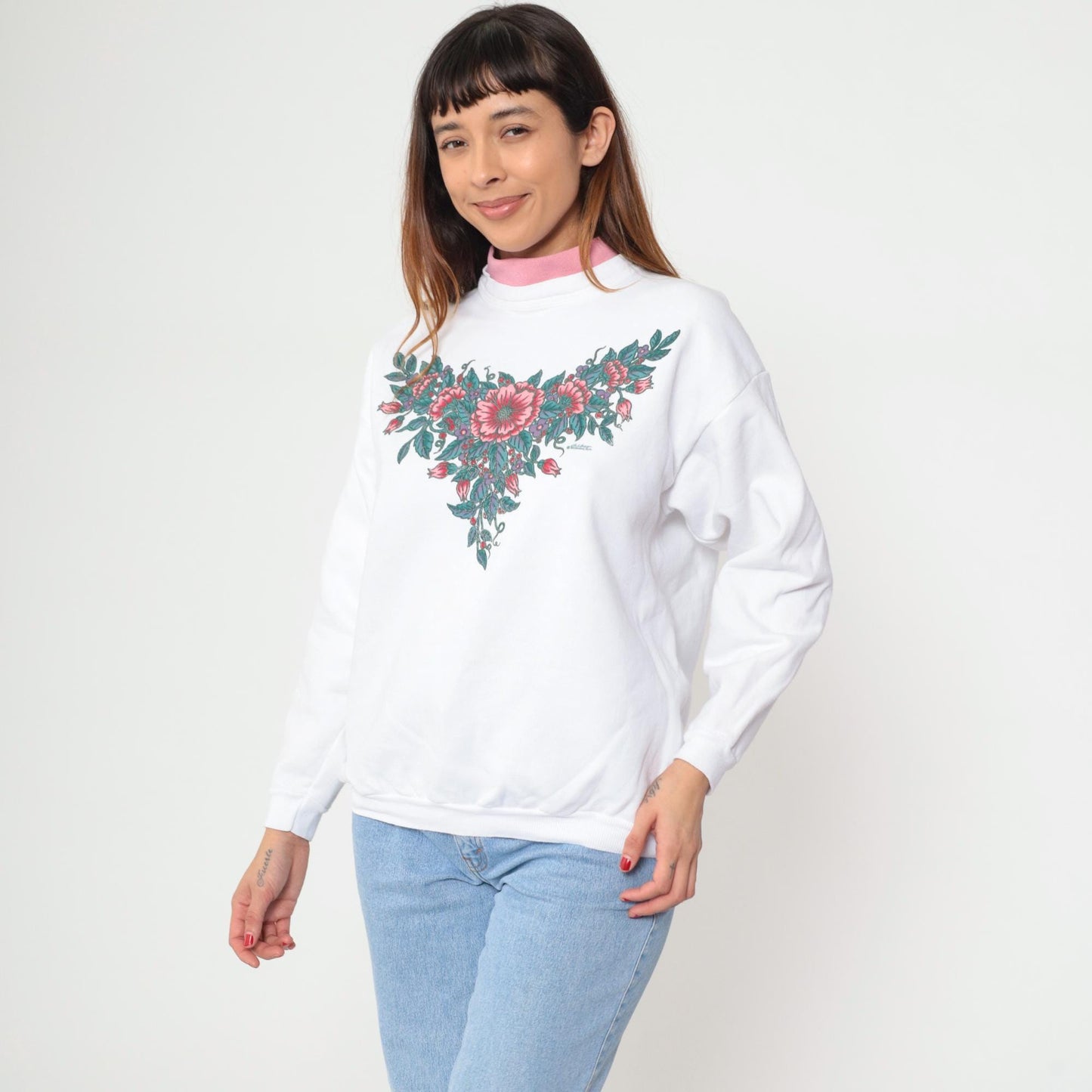 90s White Floral Mock Neck Sweatshirt Pink Collar Cotton Petite Large