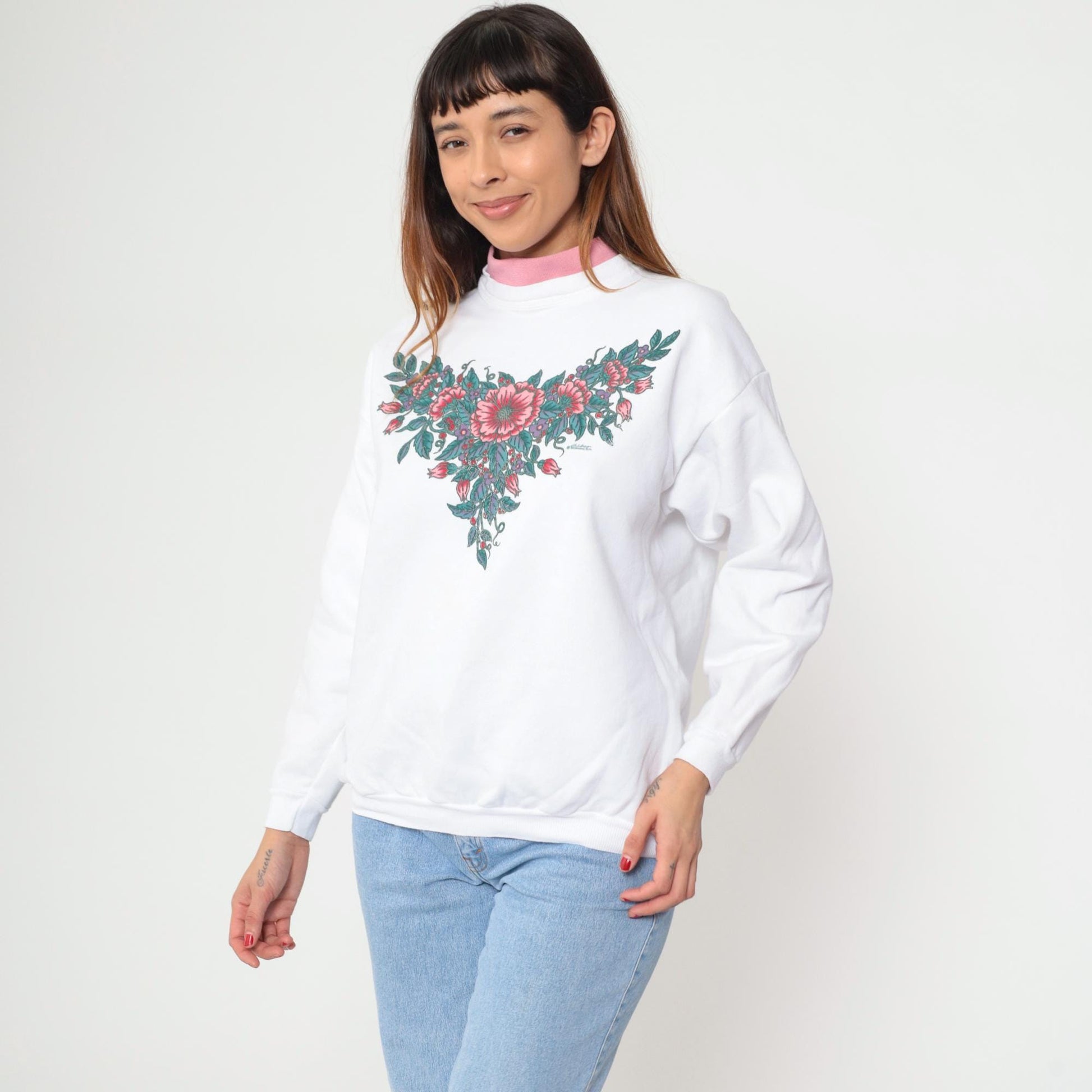 90s White Floral Mock Neck Sweatshirt Pink Collar Cotton Petite Large