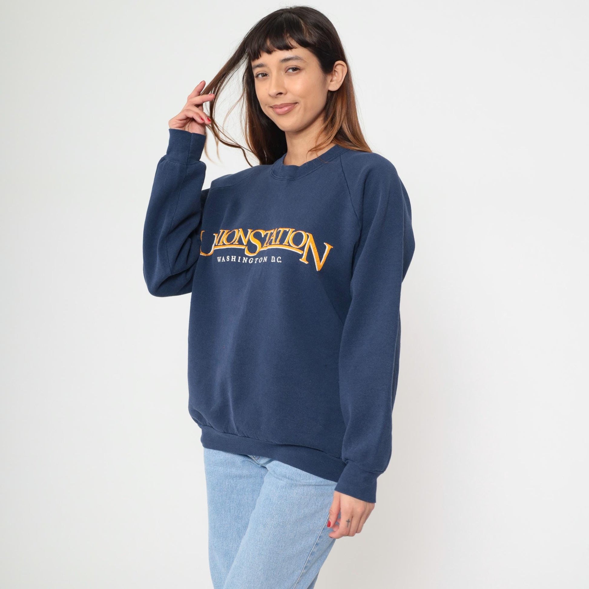 90s Union Station Washington DC Navy Sweatshirt Embroidered Raglan Extra Large XL
