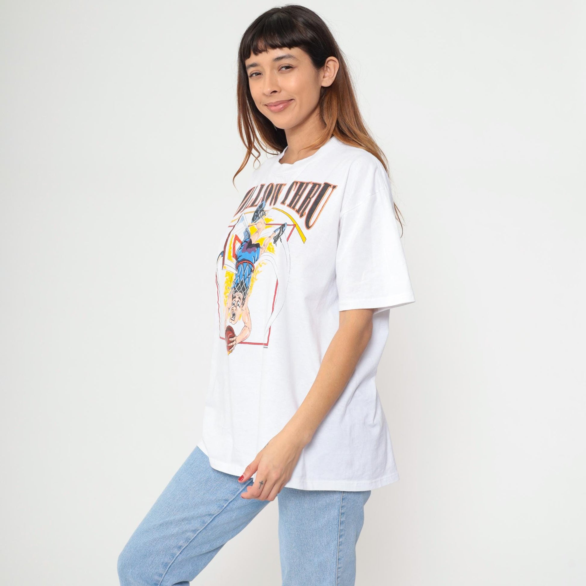 90s Jerzees Follow Thru Basketball Graphic Tee White Cartoon Dunk Extra Large XL
