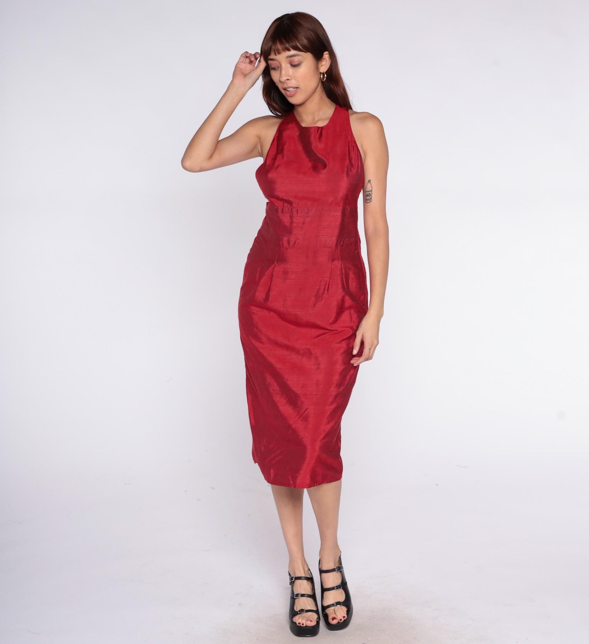 90s Crimson Halter Dress Cross-Back Knee Length Sleeveless Small