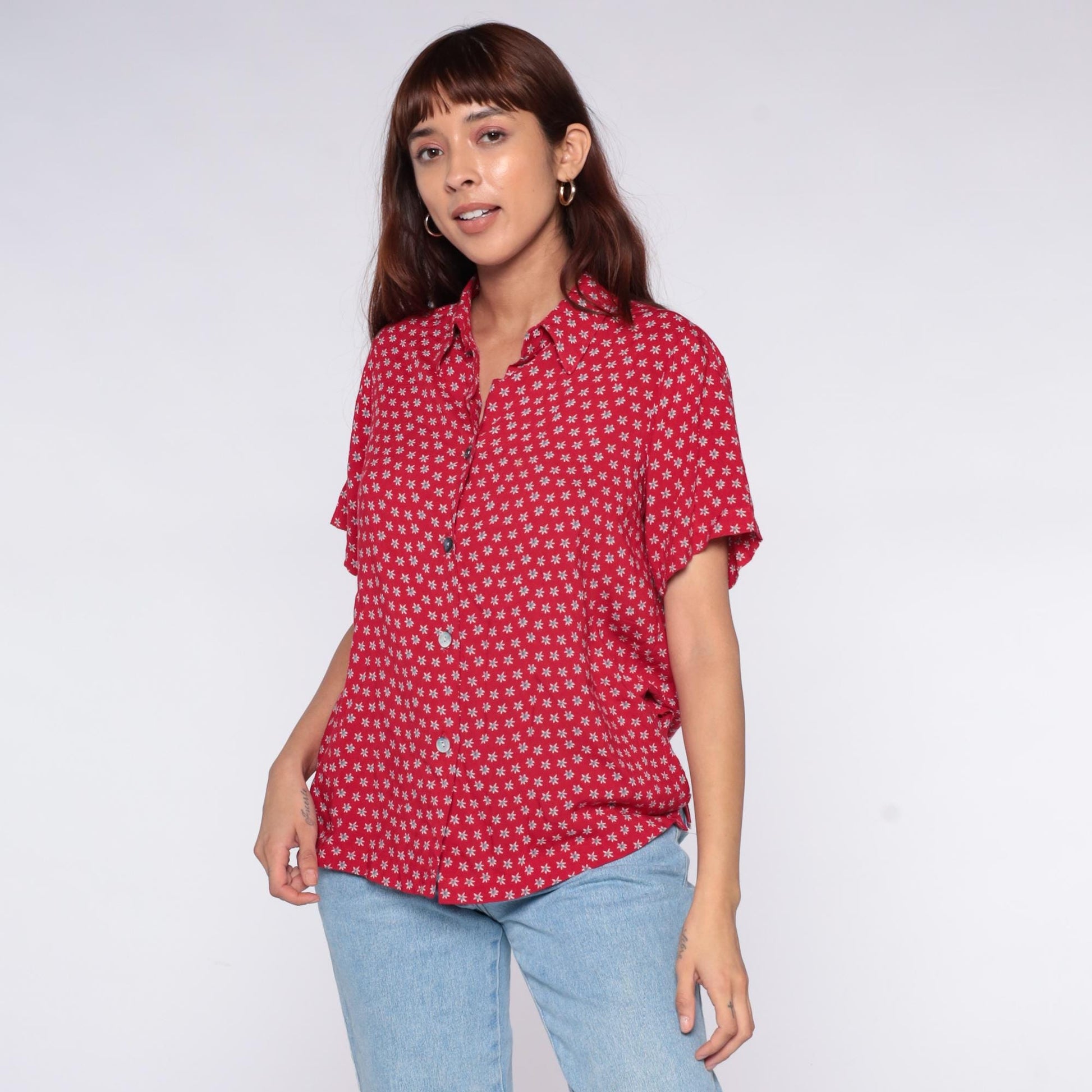 90s Clio Petites Red Floral Button-Down Shirt White Ditsy Print Large