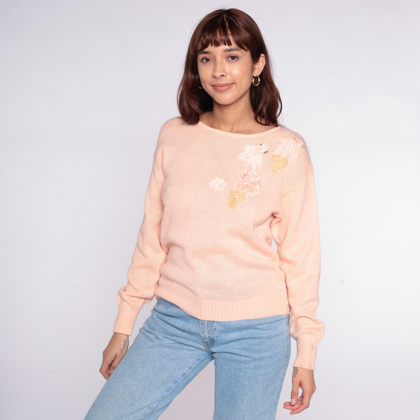 80s Peach Sequin Floral Sweater Sheridan Square Knit Pullover Small S