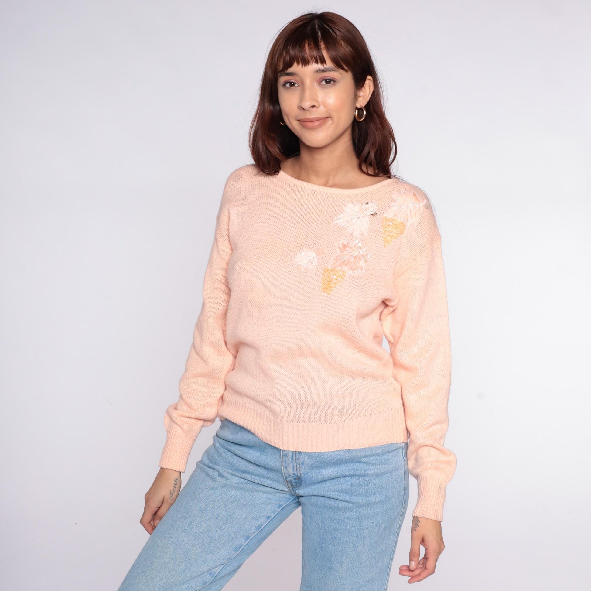 80s Peach Sequin Floral Sweater Sheridan Square Knit Pullover Small S