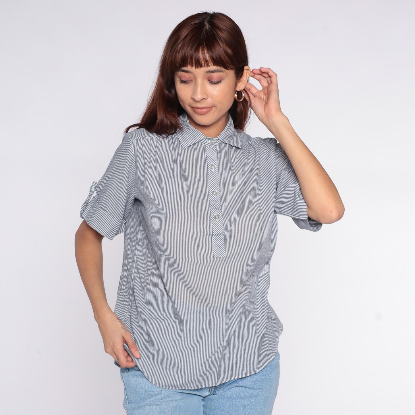 80s Miss Fashionality Blue White Striped Button Blouse Bow Tie Collar Large