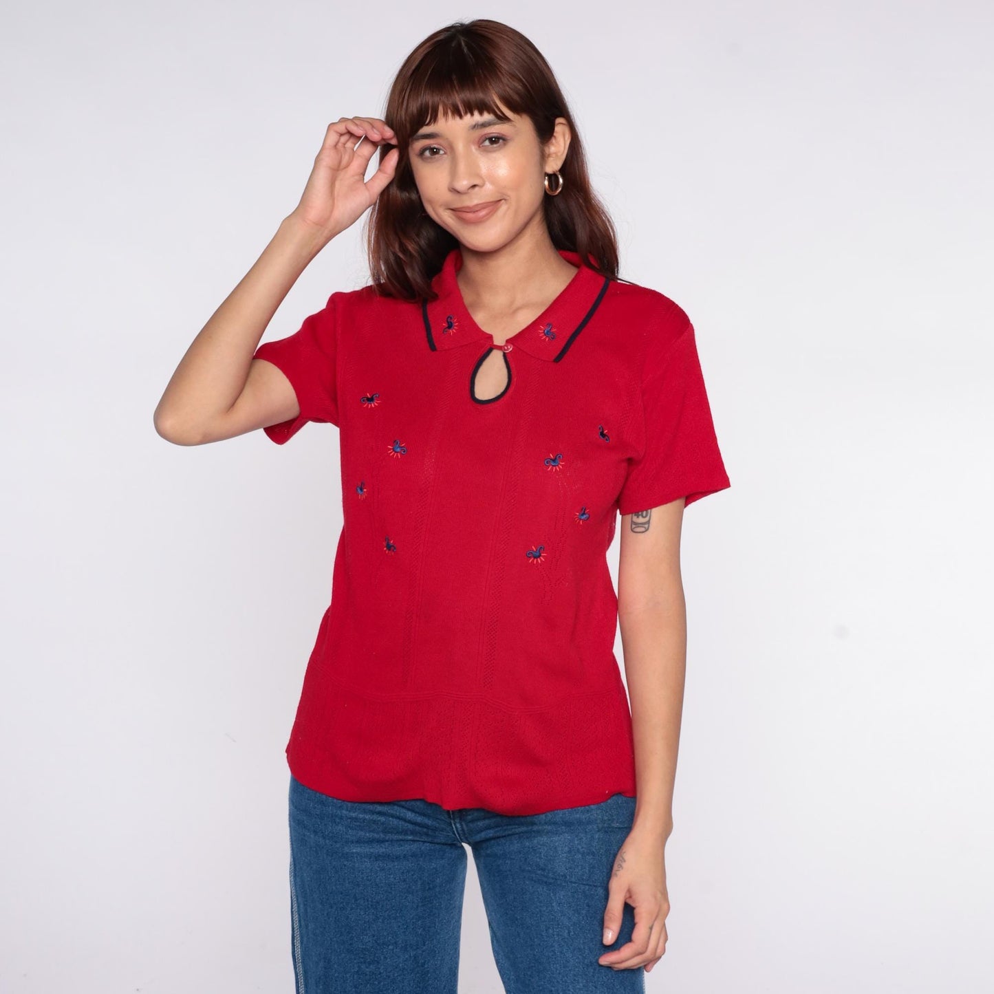 70s Lady Loana Red Polo Shirt Embroidered Flowers Keyhole Neckline Medium