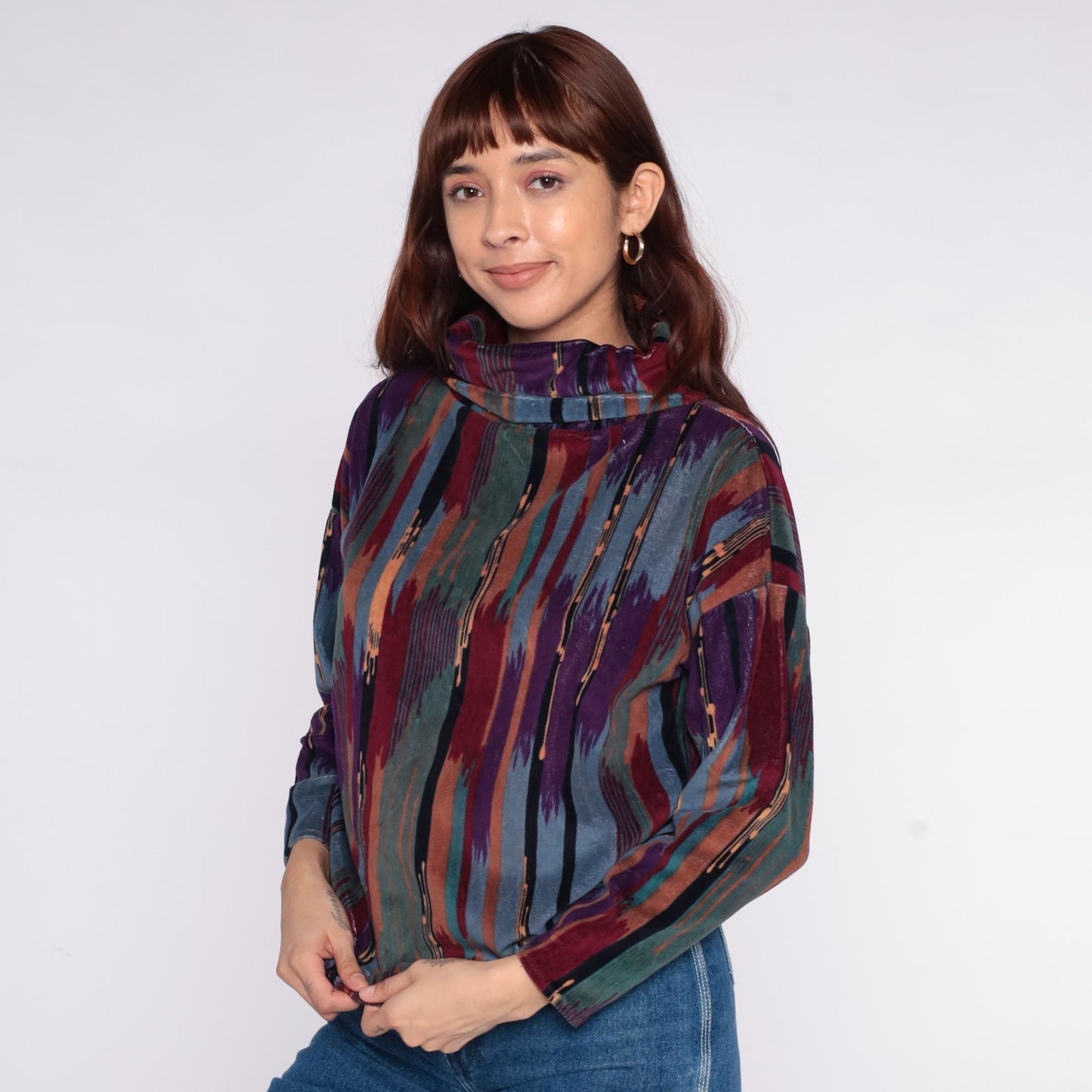 90s Southwestern Ikat Stripe Funnel Neck Blouse Purple Teal Small S