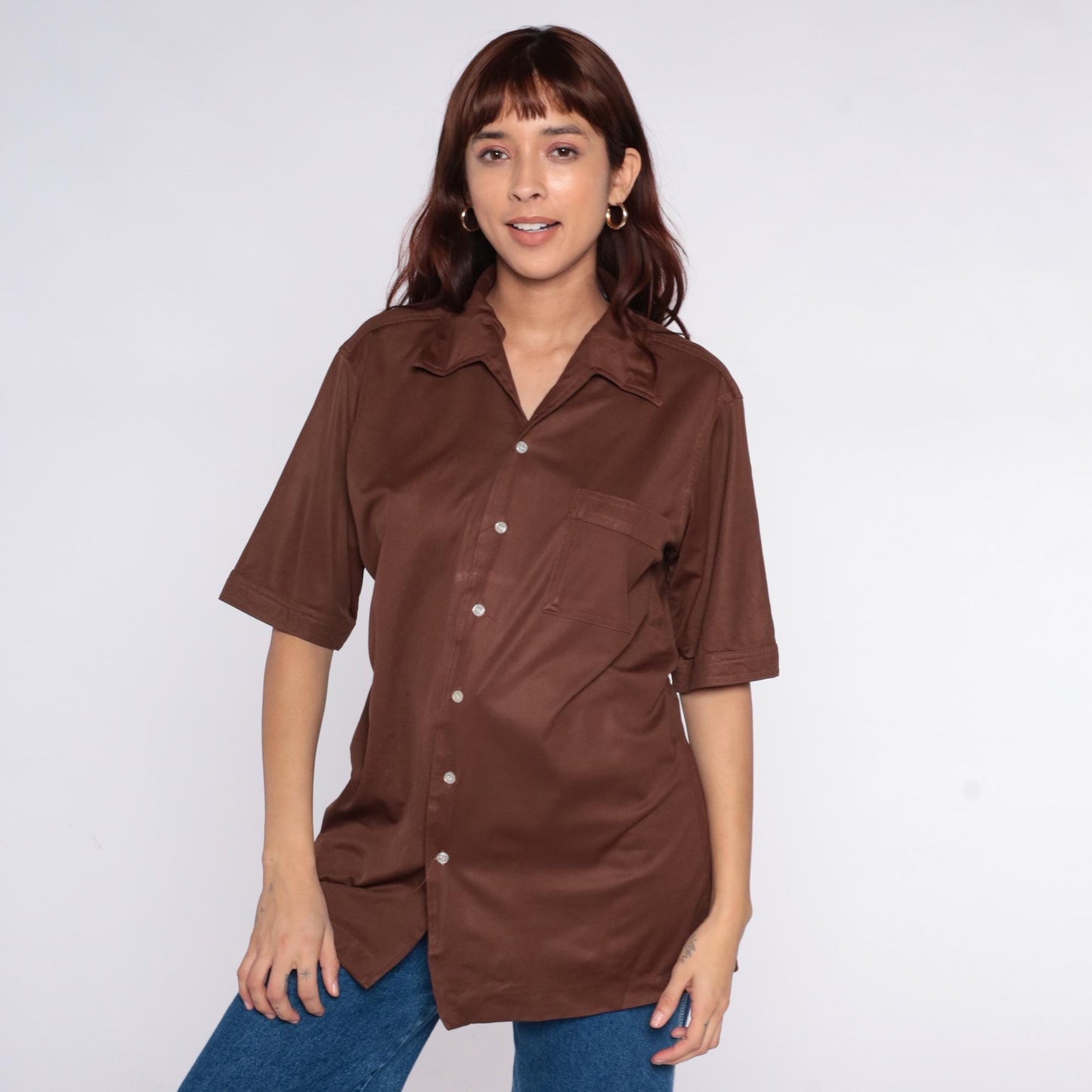 70s California Class Chocolate Brown Button-Up Shirt Camp Collar Large L