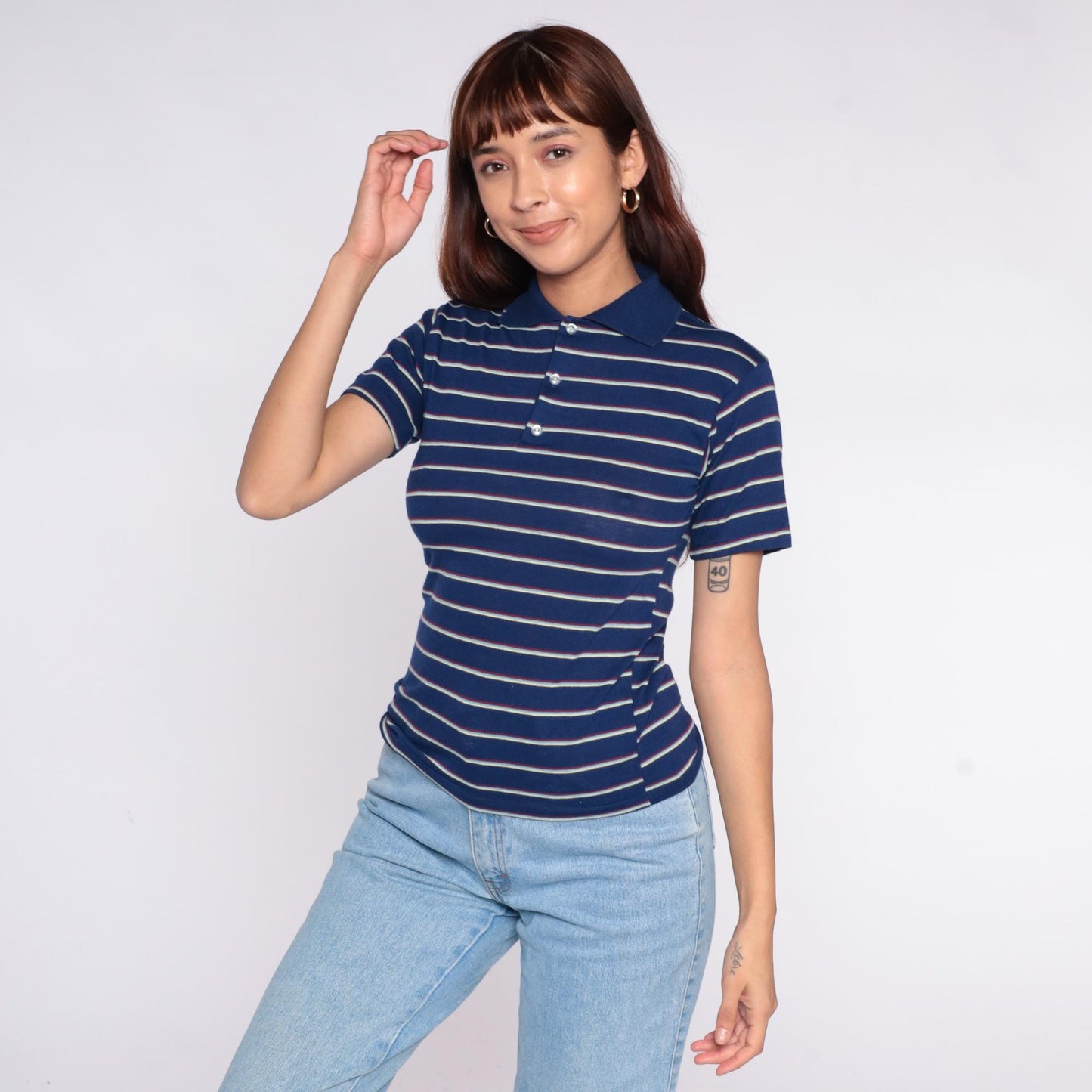 80s Navy Striped Polo Shirt White Red Horizontal Cotton Small