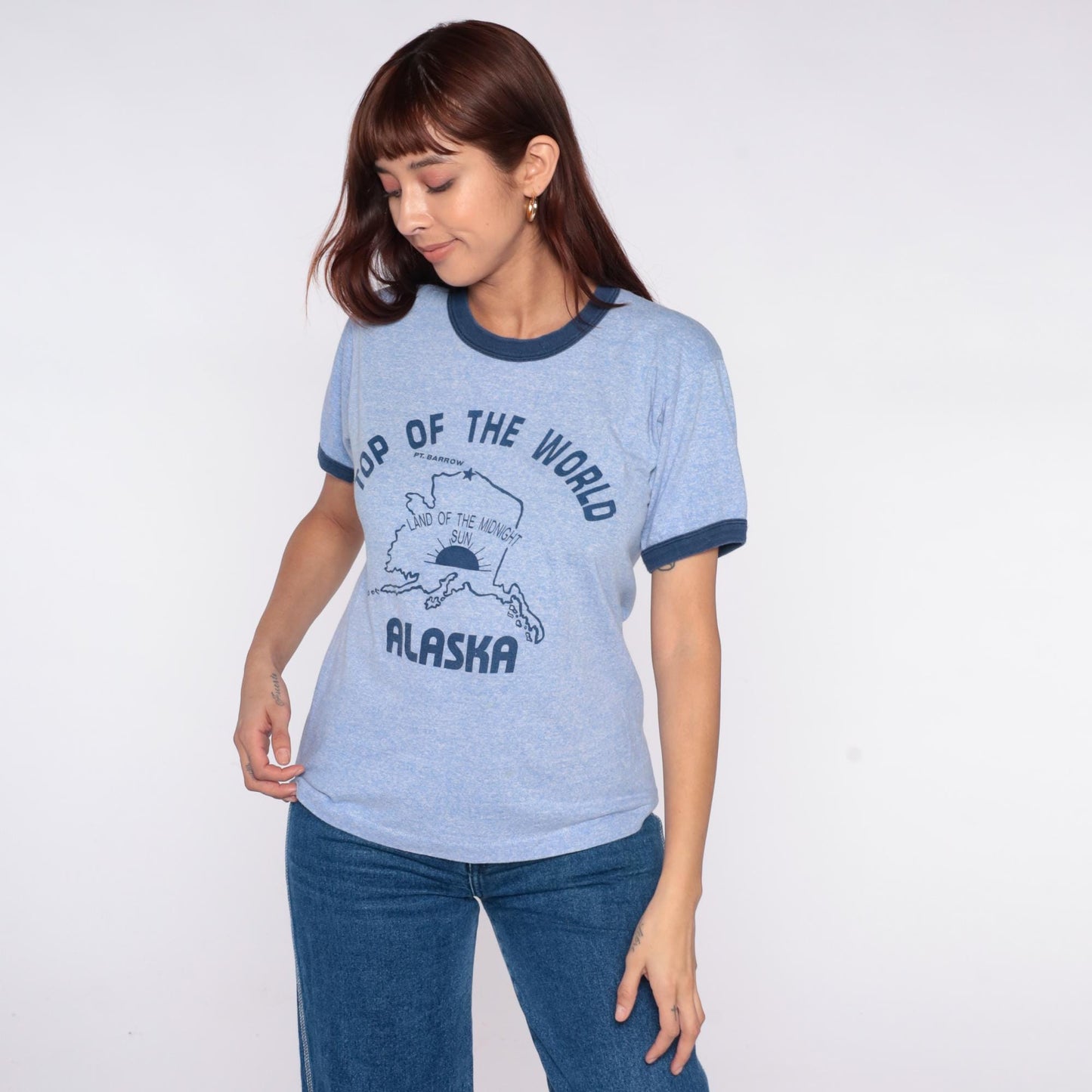 80s Alaska Tourist Ringer Tee Light Blue Navy Trim Graphic Medium