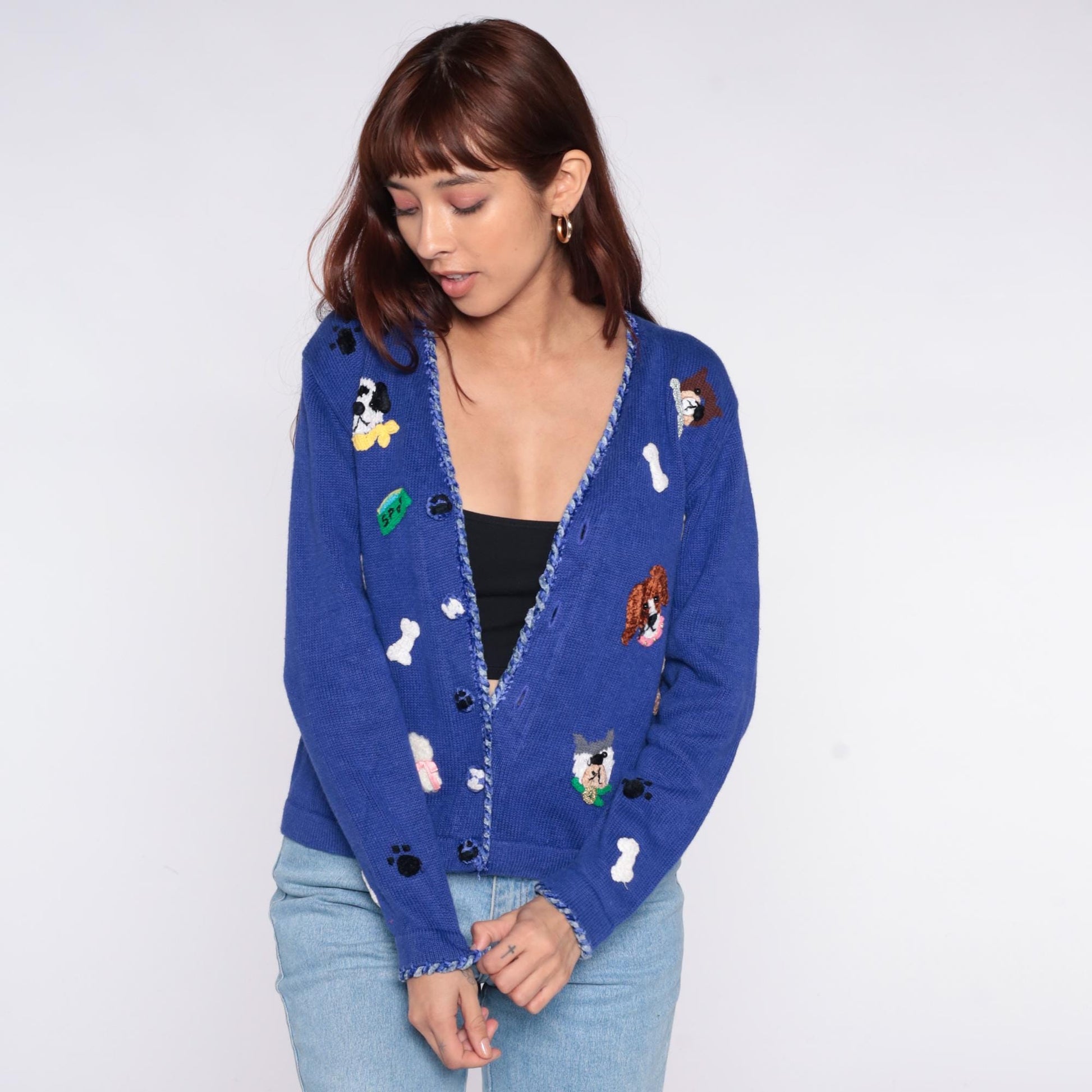 90s Jack B. Quick Dog Cardigan Blue Embroidered Puppy Paw Print Small