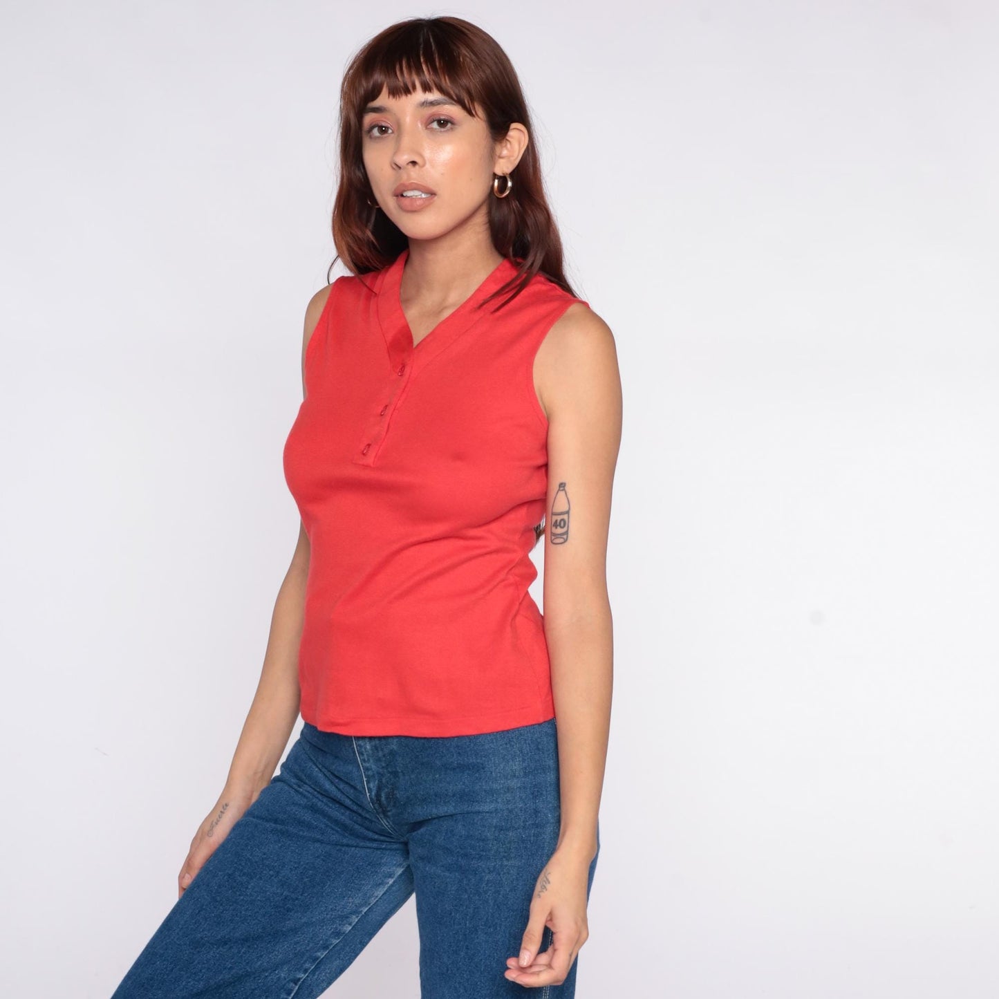 70s Catalina Sportswear Red Polo Tank V-Neck Collared Button Front Small