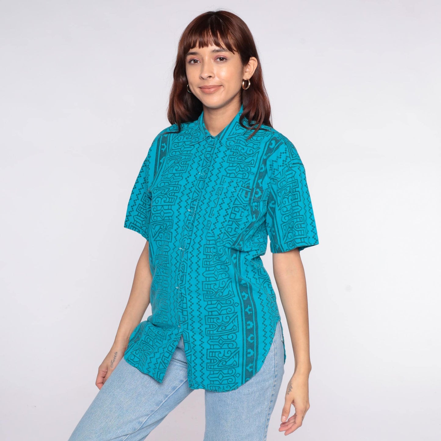 90s Turquoise Geometric Tribal Button-Up Shirt Short Sleeve Medium