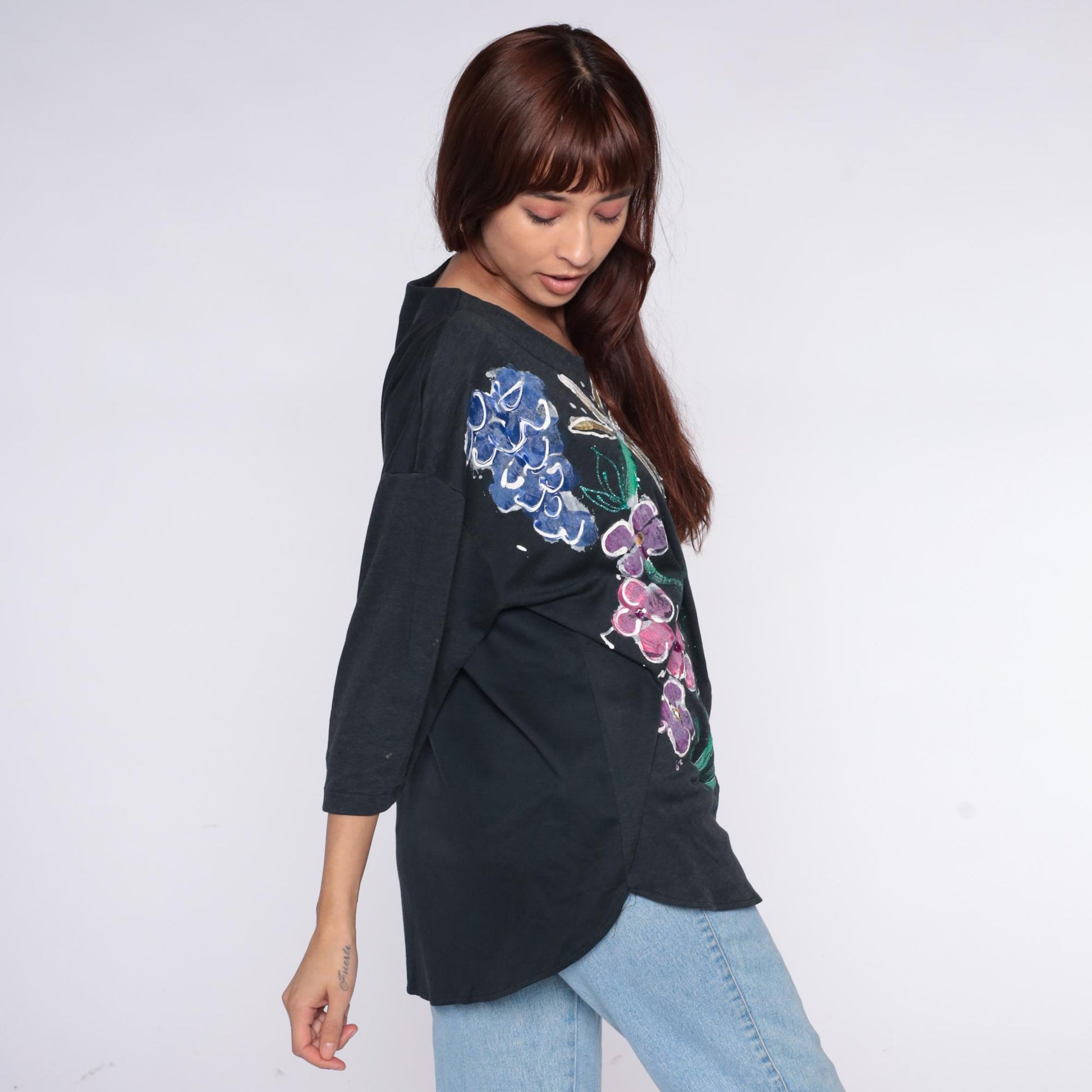 90s Baldot Hand-Painted Floral Black Cotton Tunic Medium M