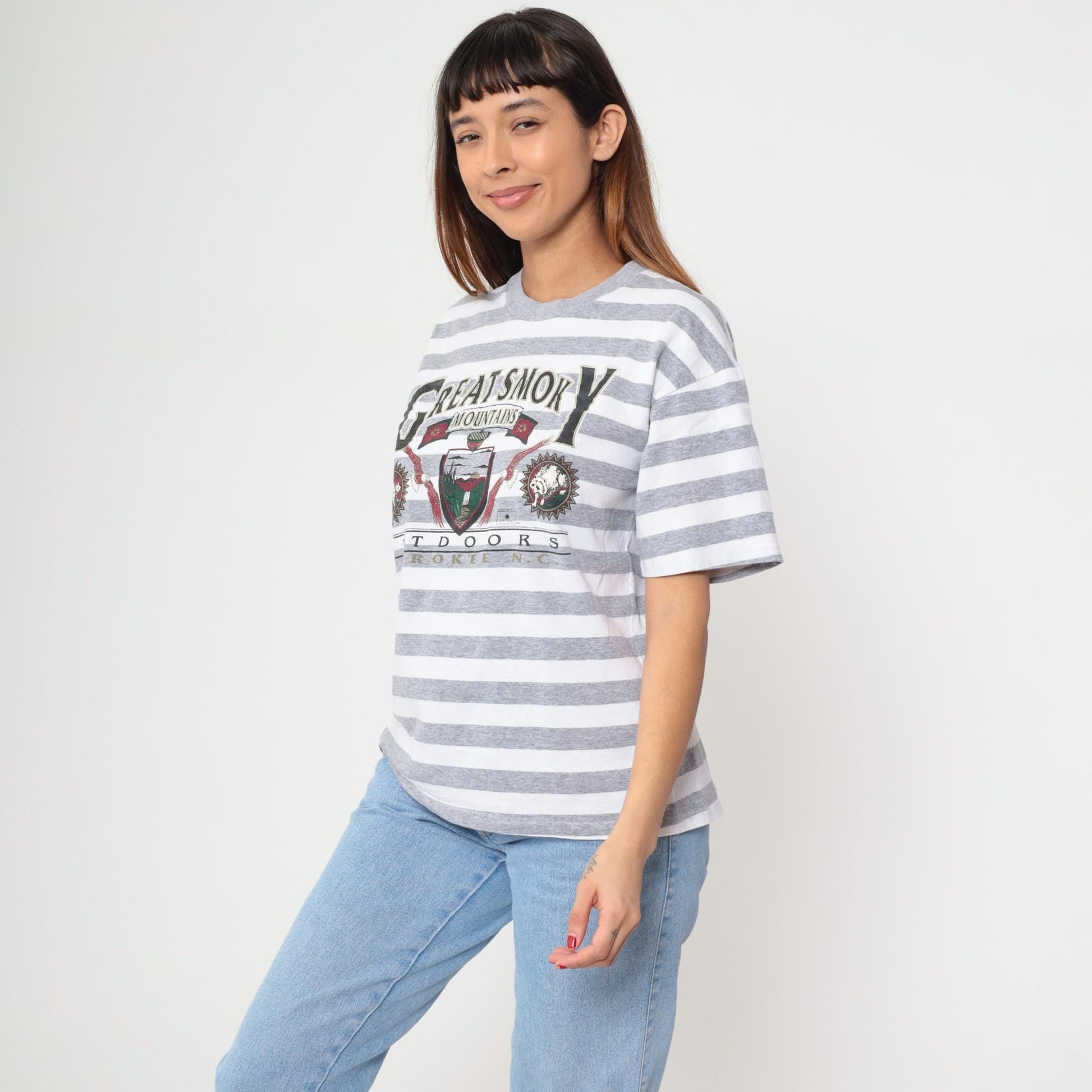 90s Great Smoky Mountains Striped Graphic Tee Grey White Large L