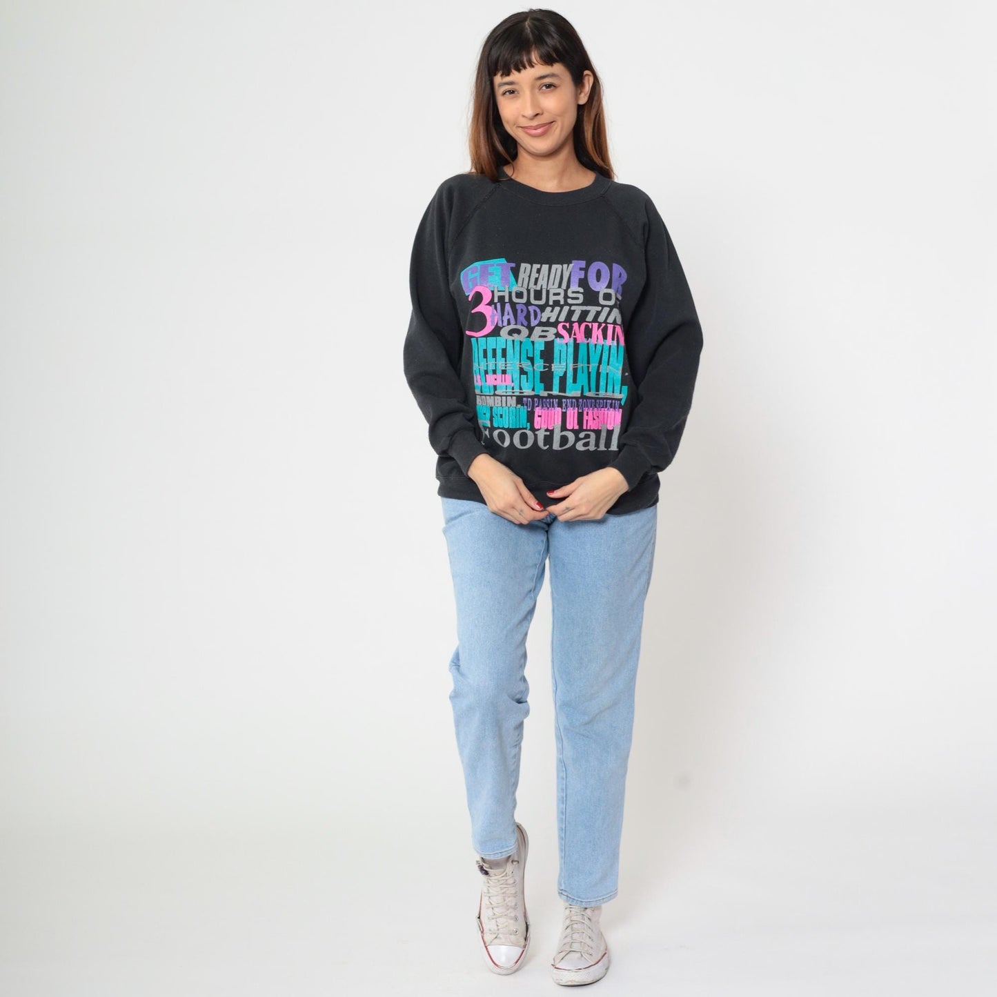 90s Hanes Football Sweatshirt Black Raglan Graphic Crew Neck Medium