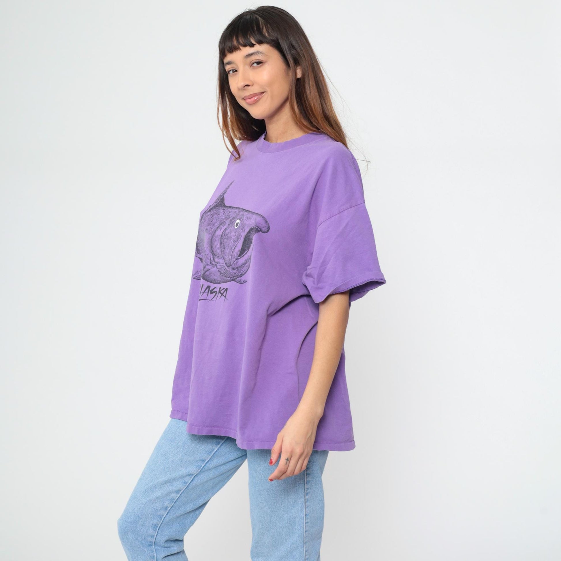 90s Oneita Purple Alaska Fish Graphic Tee Cotton Plus Size XXL