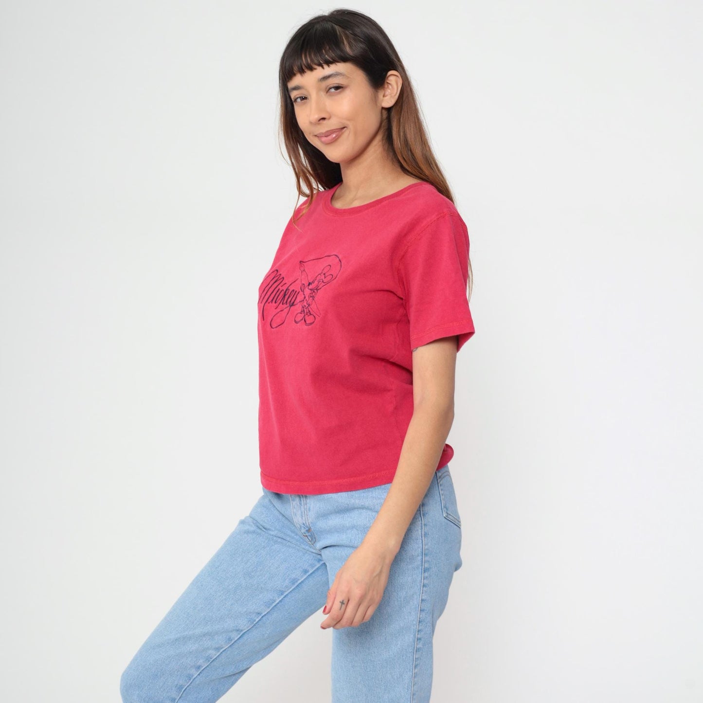 90s Mickey Mouse Fishing Graphic T-Shirt Red Cotton Crew Neck Medium M