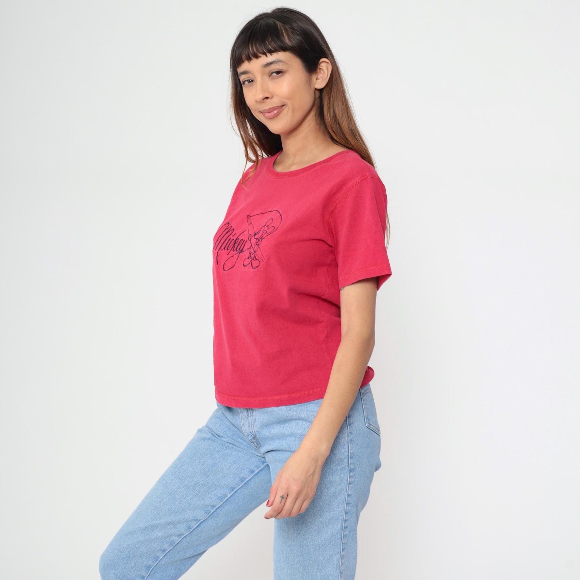 90s Mickey Mouse Fishing Graphic T-Shirt Red Cotton Crew Neck Medium M