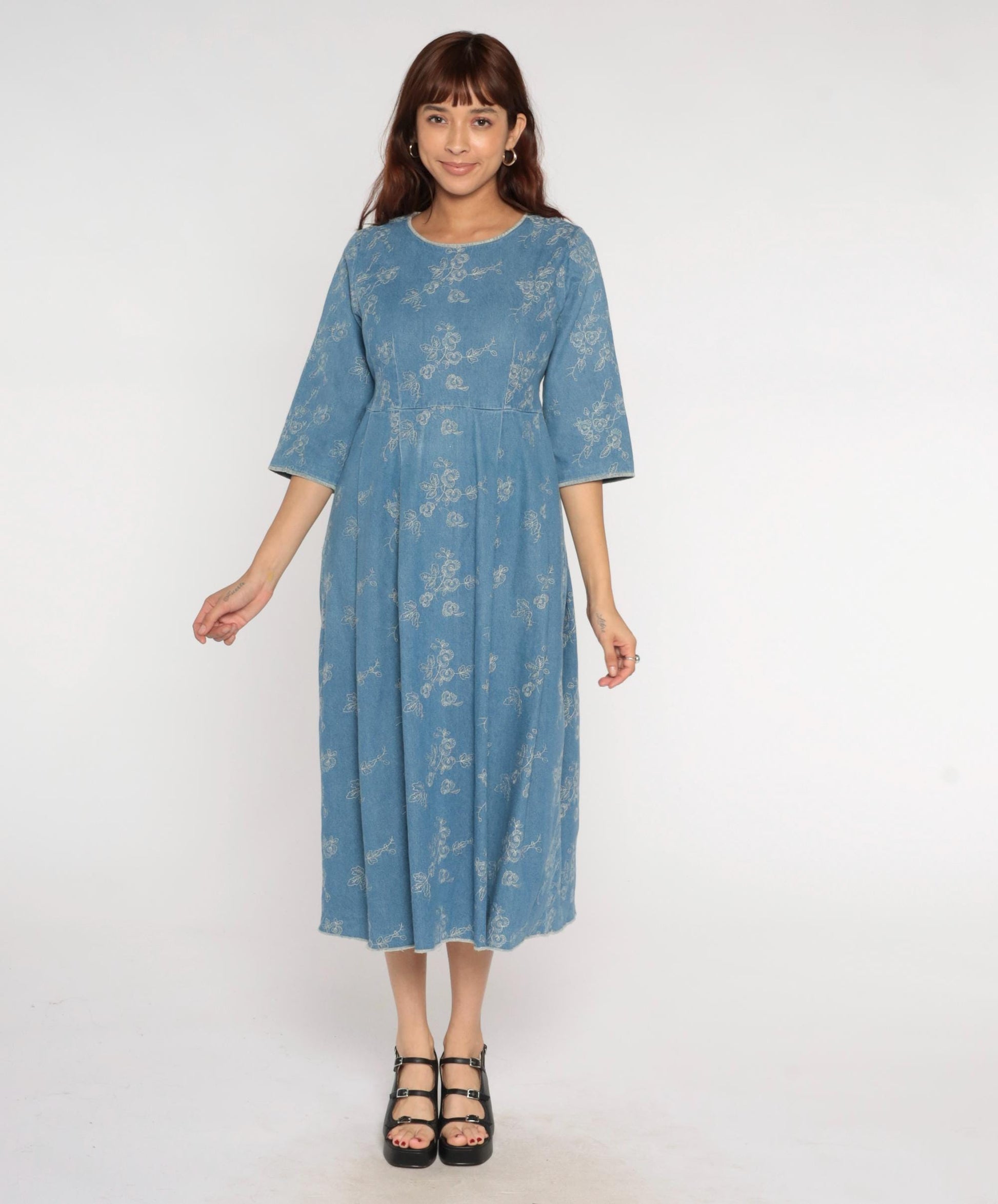 Y2K Blue Embroidered Denim Dress Floral Empire Waist A-Line Medium M