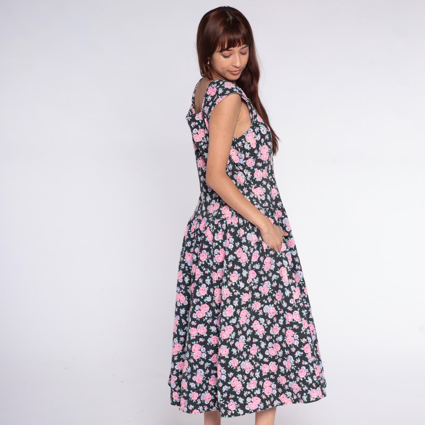 90s Black Floral Midi Dress Pink Rose Lavender Cap Sleeve V-Neck Medium