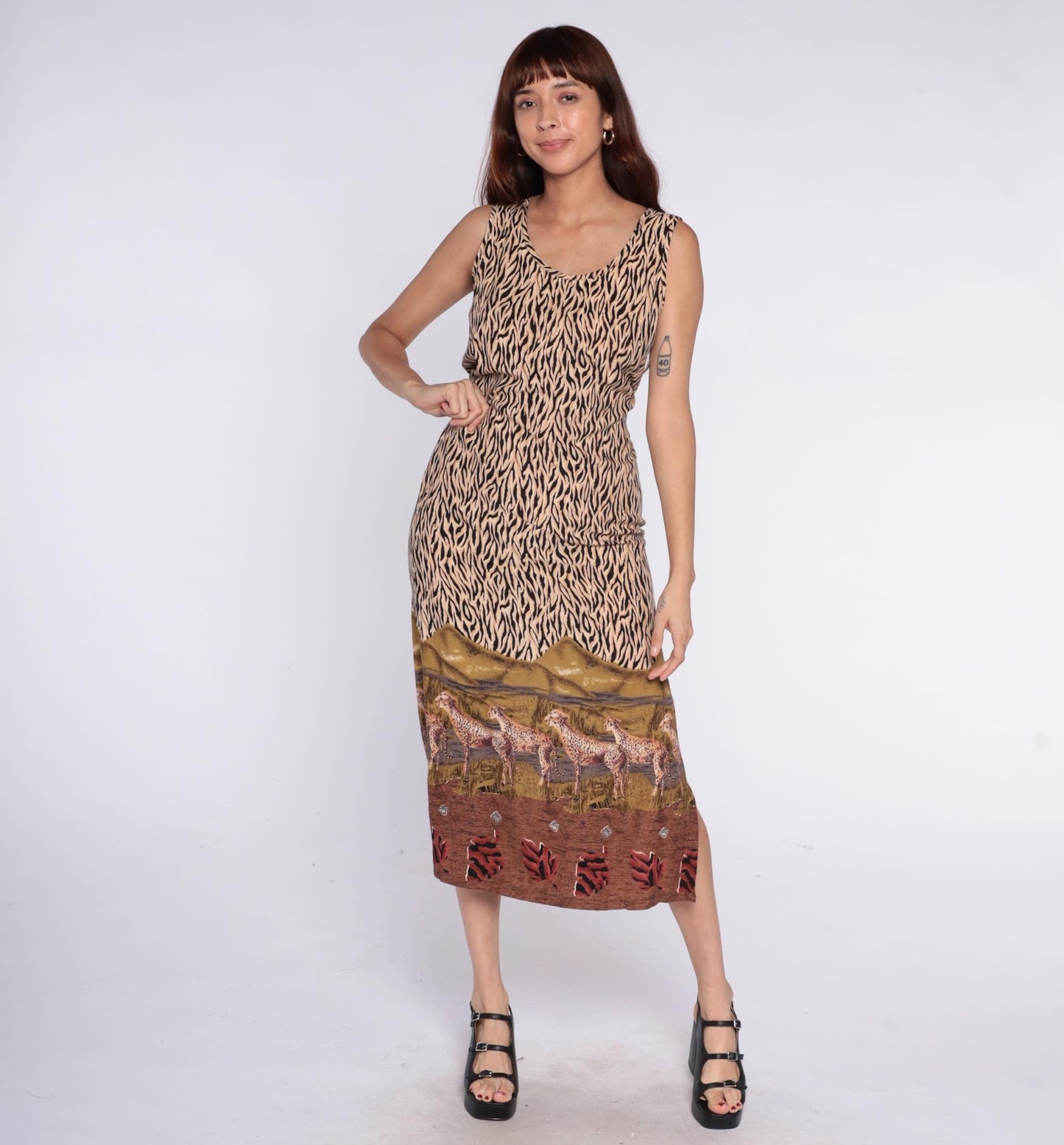 90s California Krush Safari Cheetah Midi Dress Animal Print Cream Medium