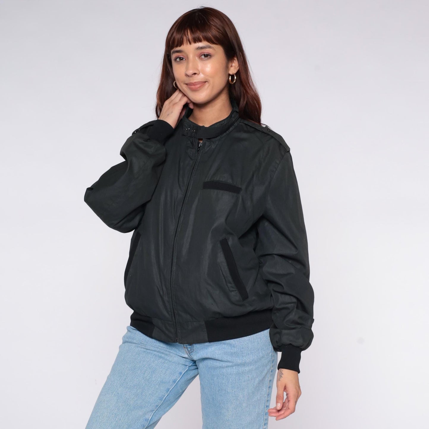 80s Black Bomber Jacket Windbreaker Flight Epaulettes Zip Front Large L