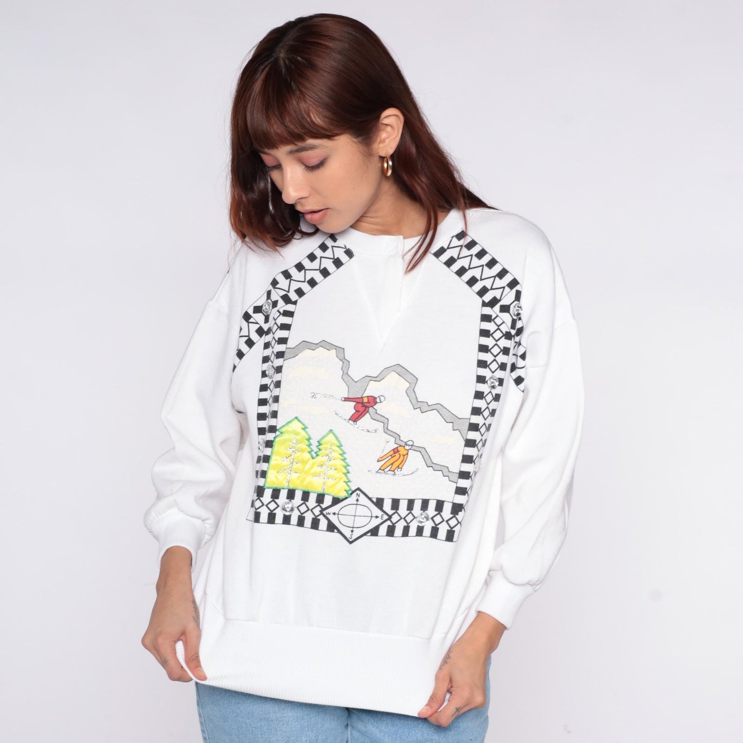 90s Cristina Ski Sweatshirt White Graphic Mountain Scene Crewneck Medium M