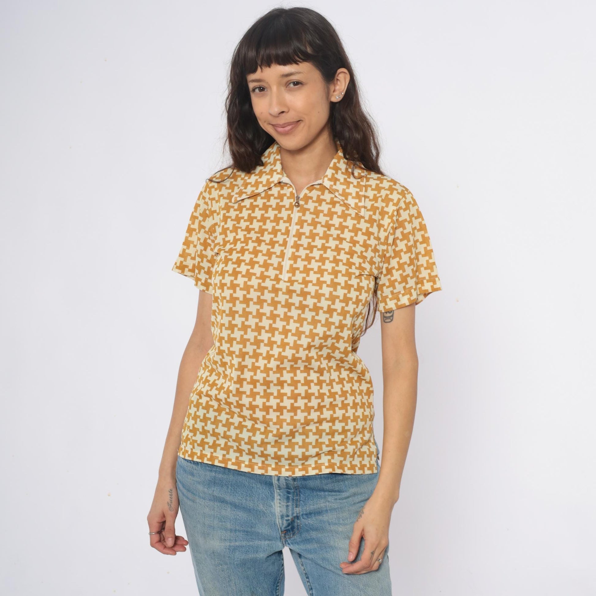 70s Houndstooth Polo Zip Front Collared Shirt Yellow Cream Geometric Extra Small