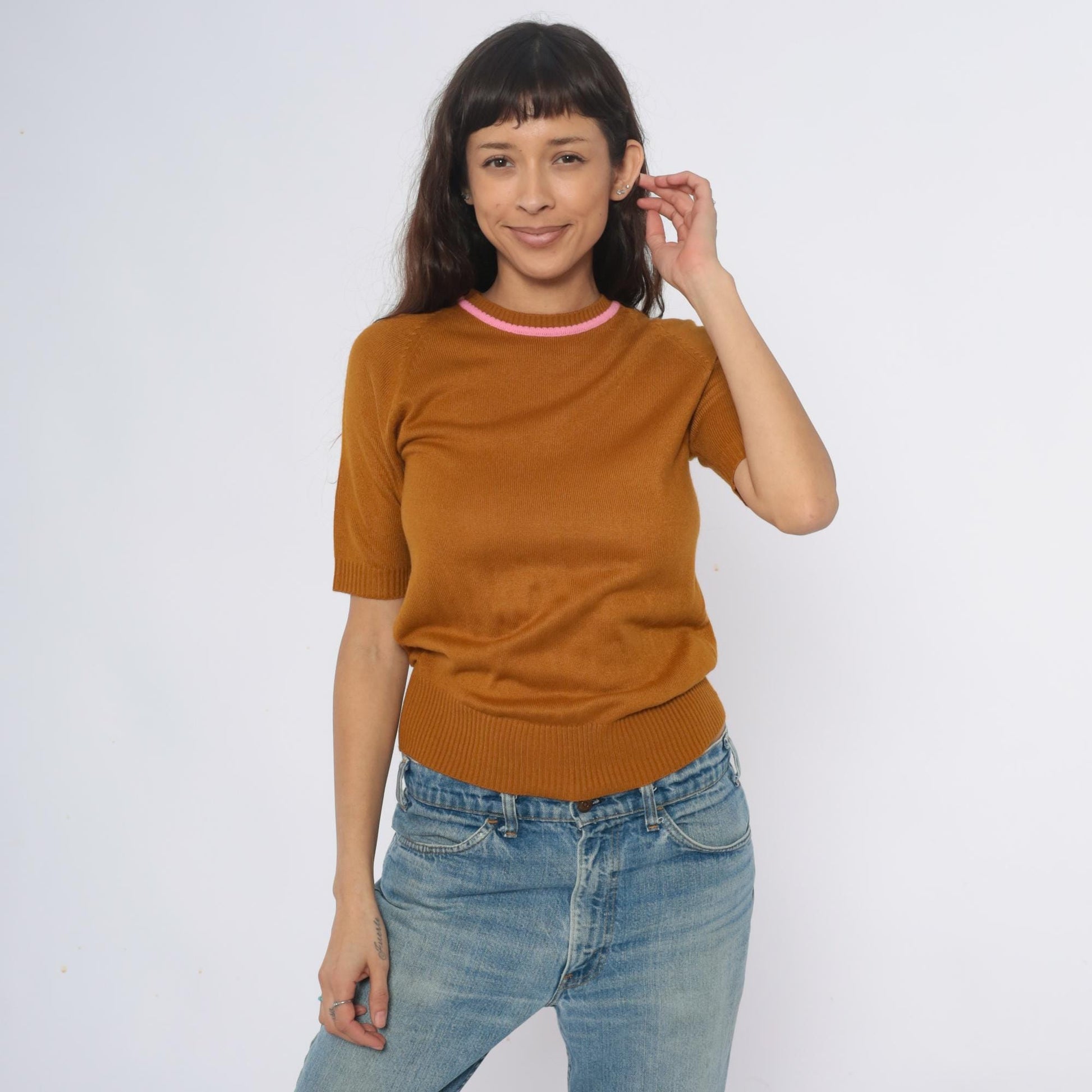 70s Filly Fashion Mustard Knit Sweater Pink Trim Cropped Back Zip Small S