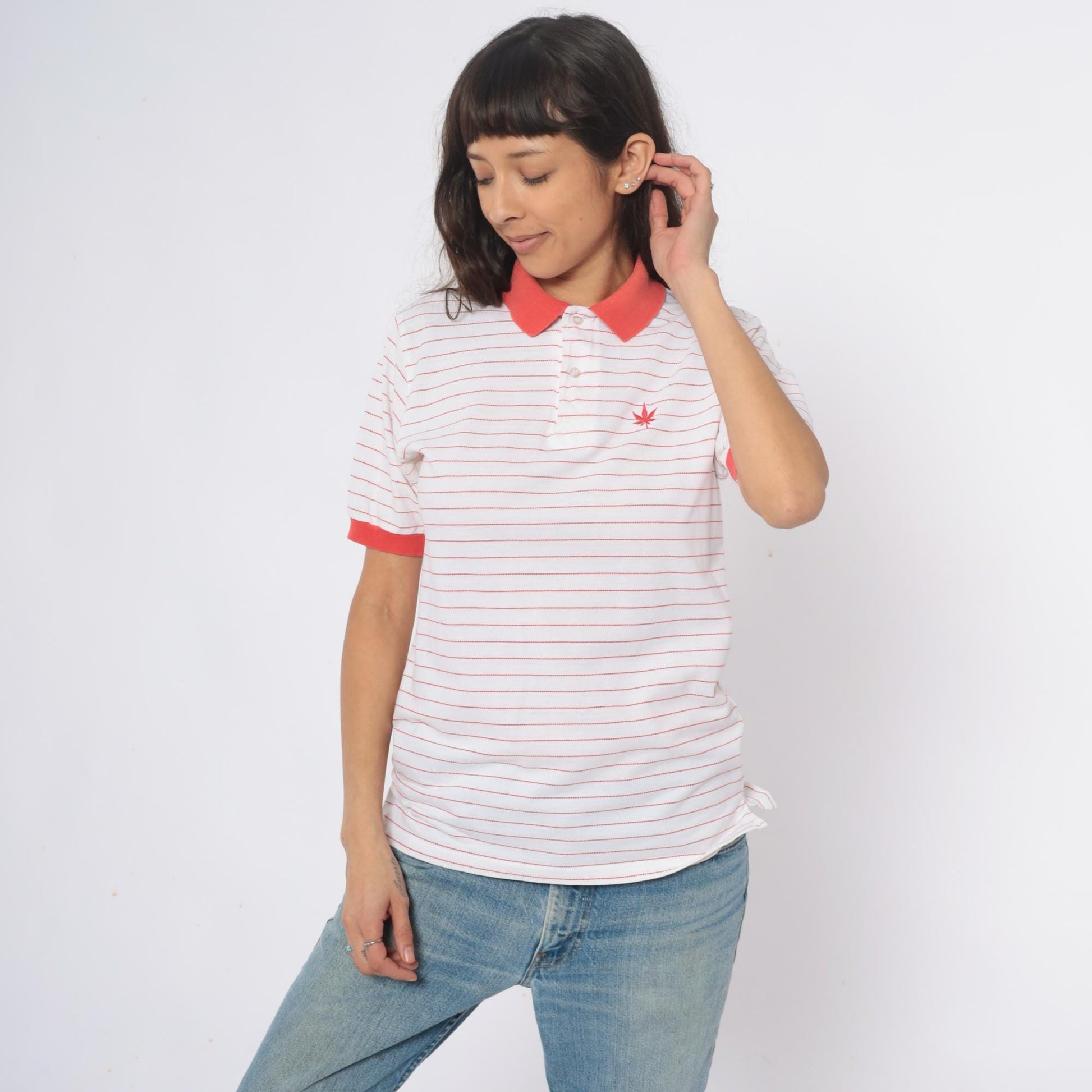 90s Boast Striped Polo Shirt Red White Cannabis Leaf Embroidered Medium