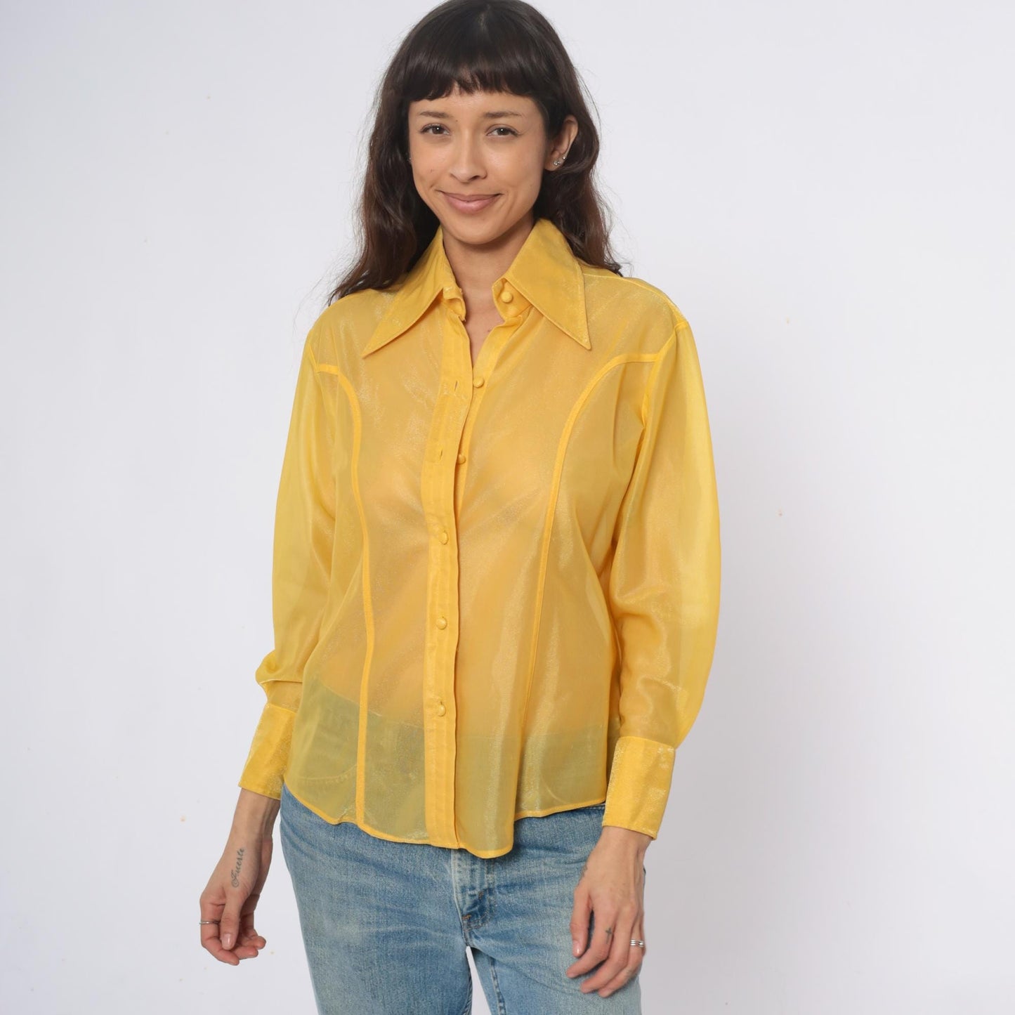 80s Lady Marlboro Yellow Nylon Blouse Button Front Pointed Collar Medium