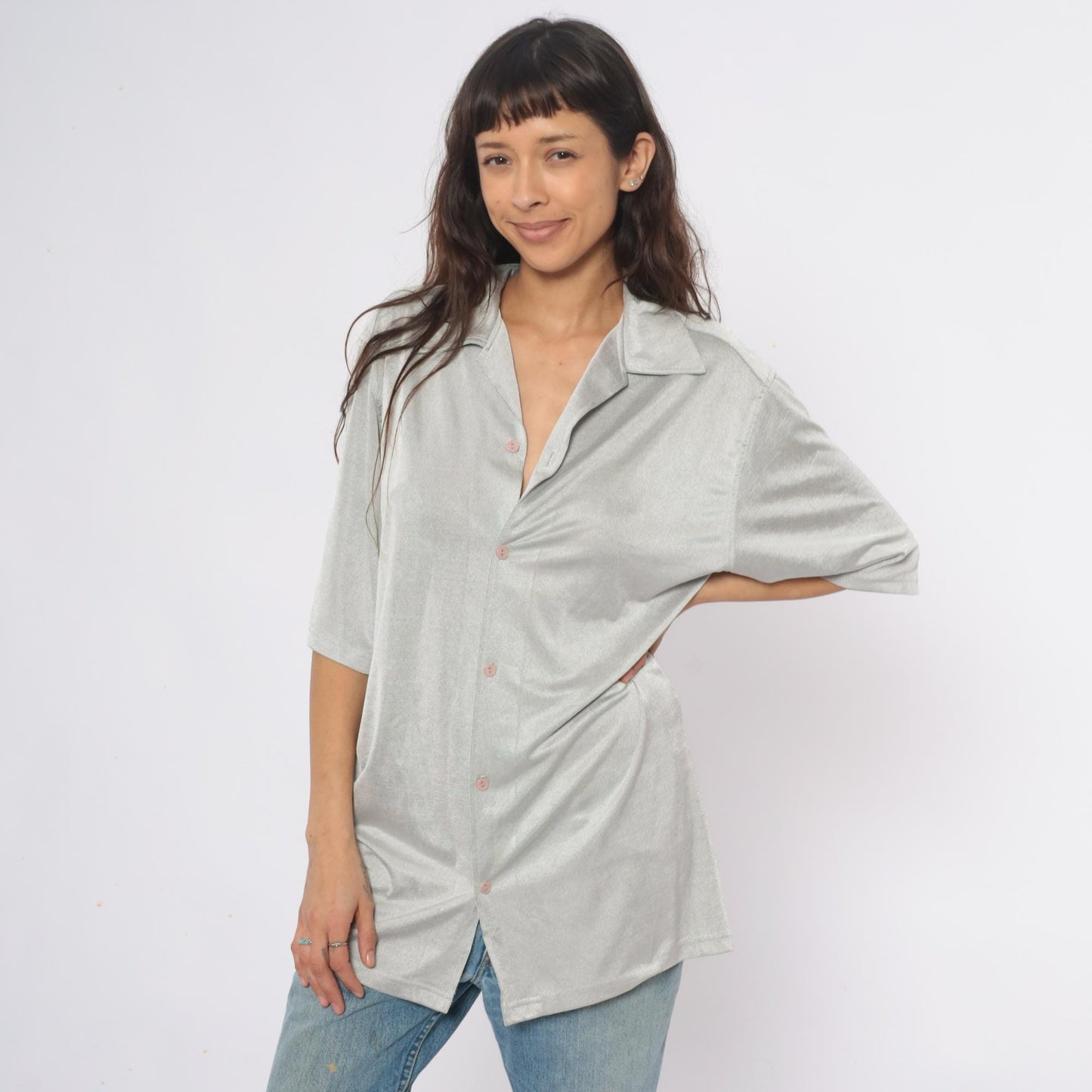 90s Silver Button-Front Tunic Shirt Three-Quarter Sleeve Extra Large XL