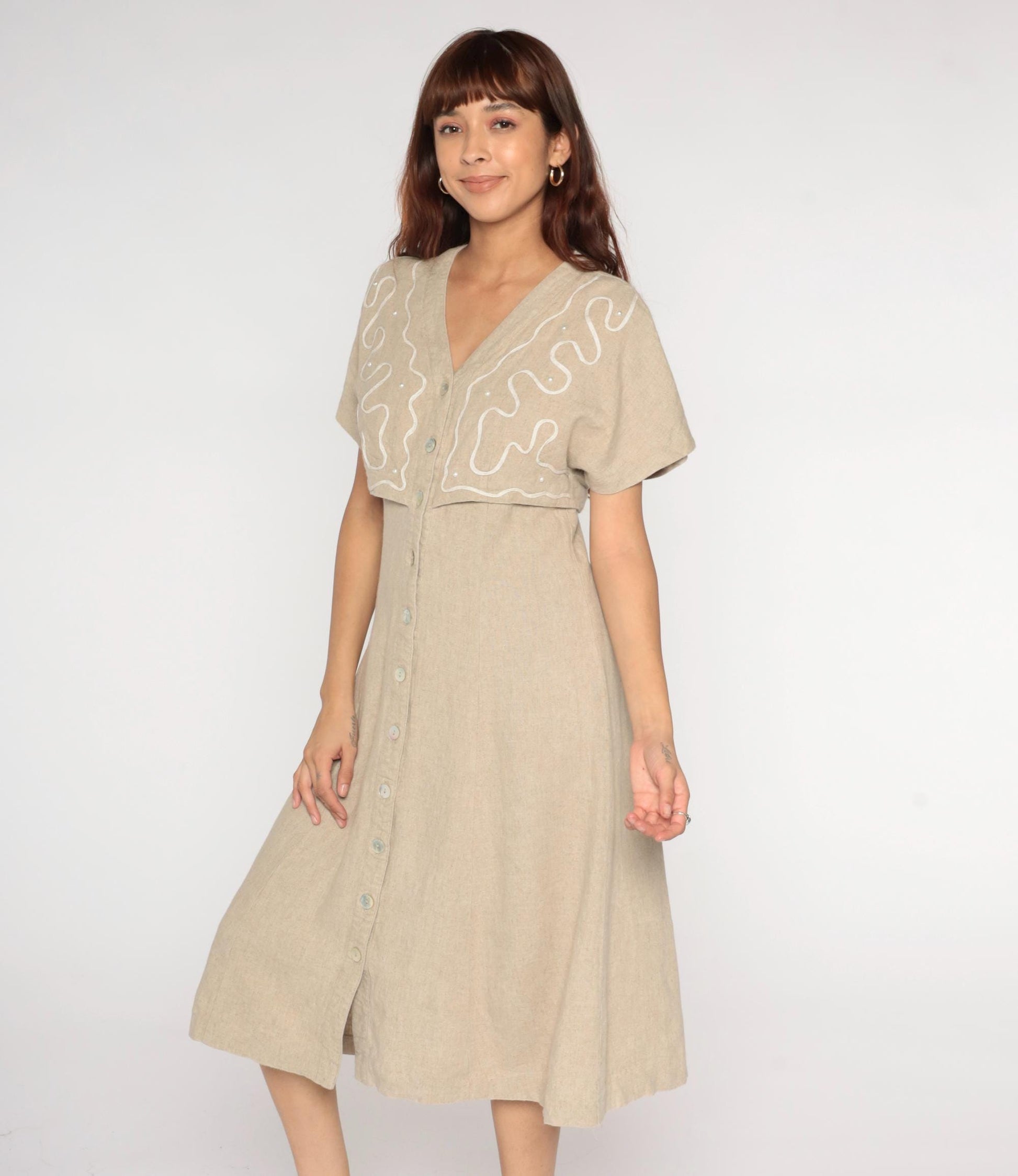 90s Miss Dorby Beige Linen Midi Dress Embroidered Sequin V-Neck Medium