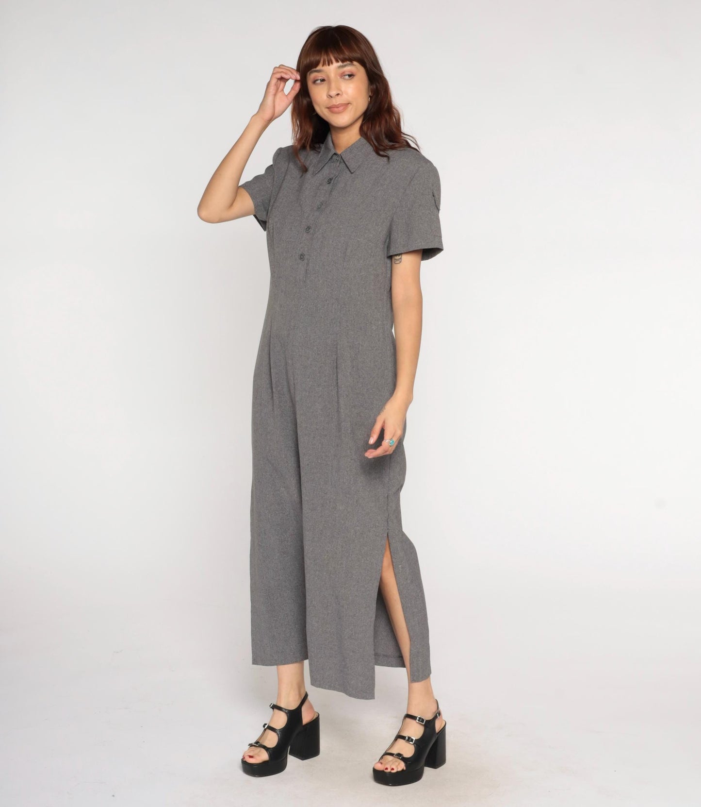 90s Grey Collared Shirt Dress Maxi Polyester Column Short Sleeve Large L