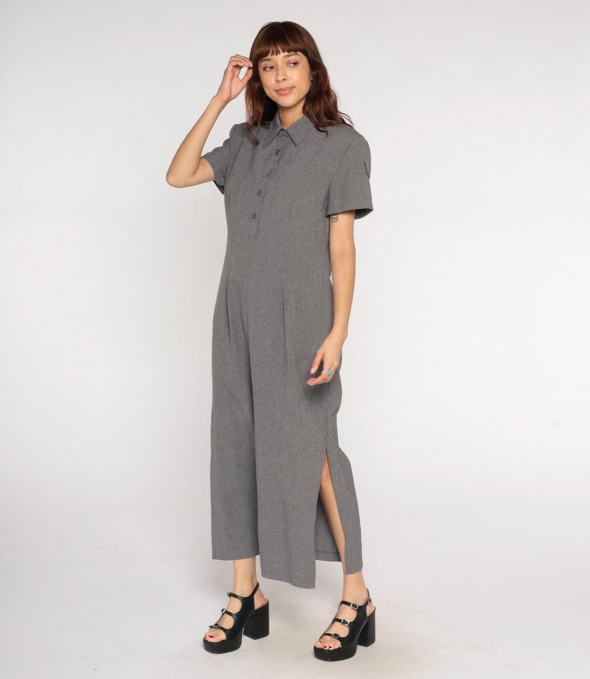 90s Grey Collared Shirt Dress Maxi Polyester Column Short Sleeve Large L