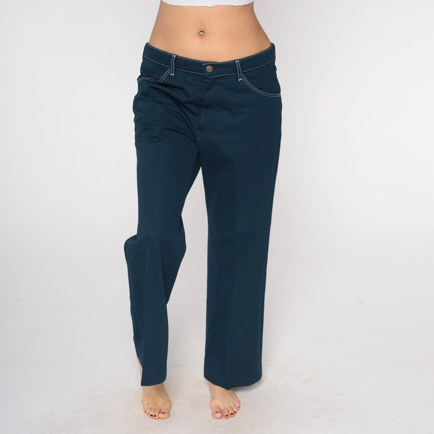 70s Farah Flared Pants Teal Blue White Stitching Low Rise Bell Bottom Large