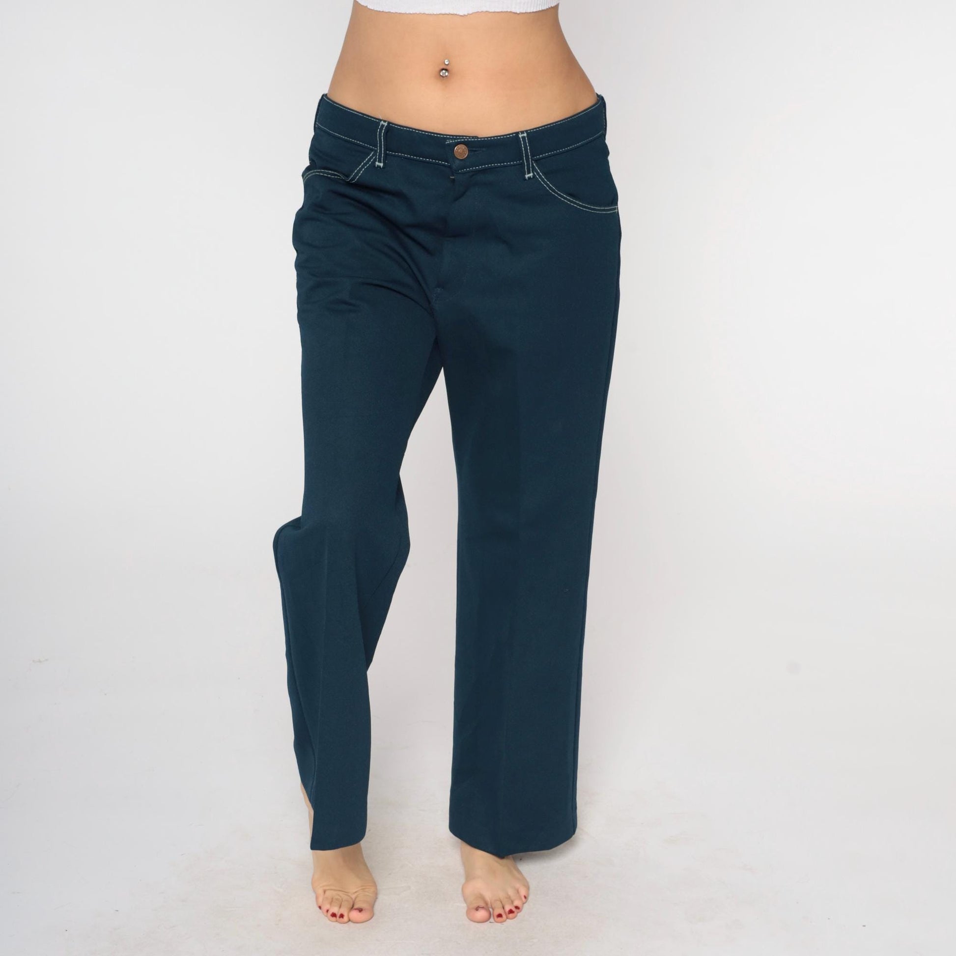 70s Farah Flared Pants Teal Blue White Stitching Low Rise Bell Bottom Large