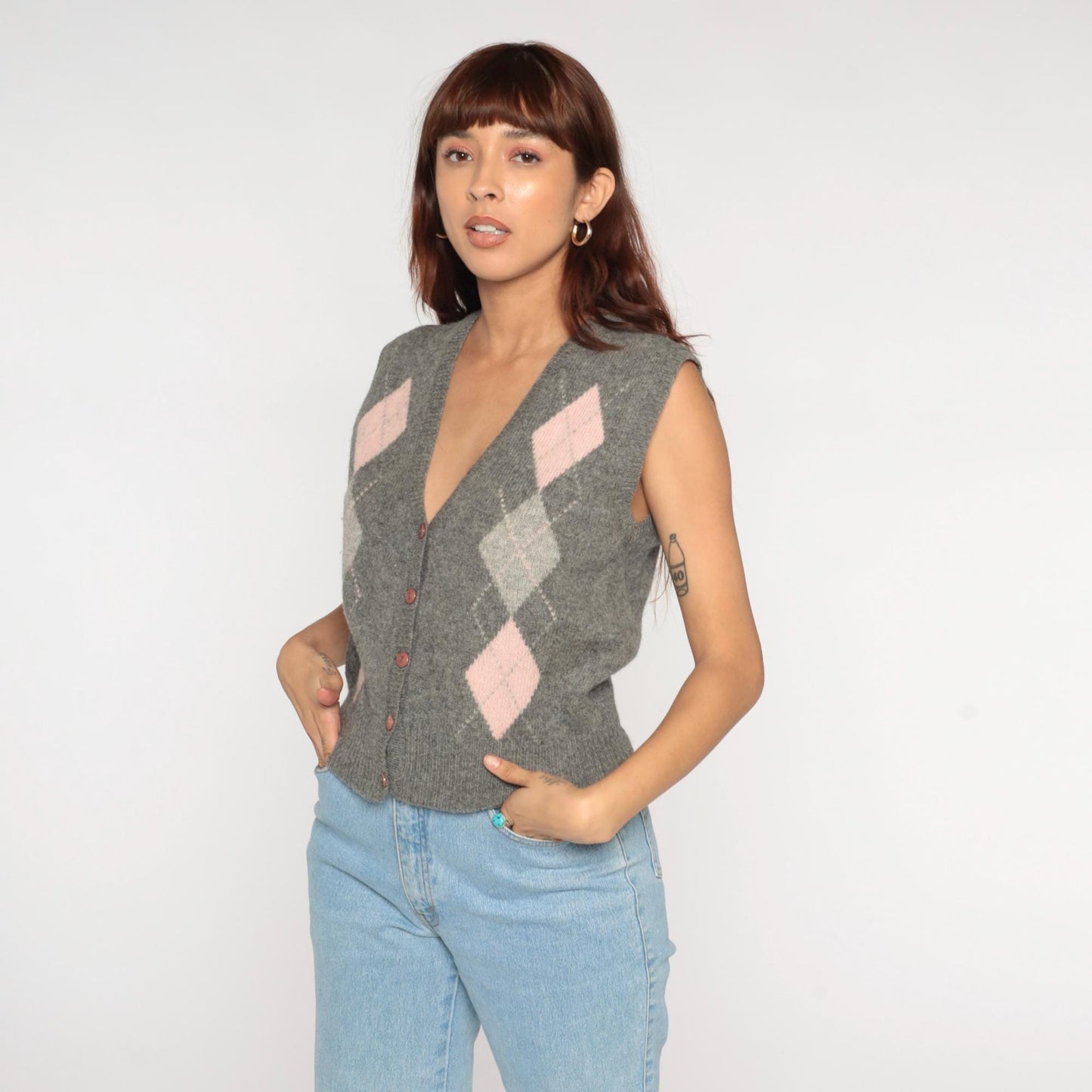80s Casual Corner Argyle Wool Sweater Vest Grey Pink Cream Medium M