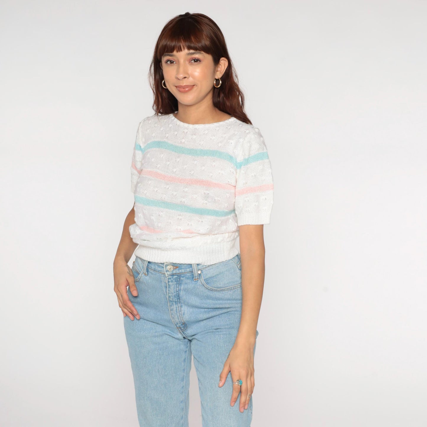 80s Billie Jo Striped Pointelle Knit Sweater Pink Blue Cream Small S