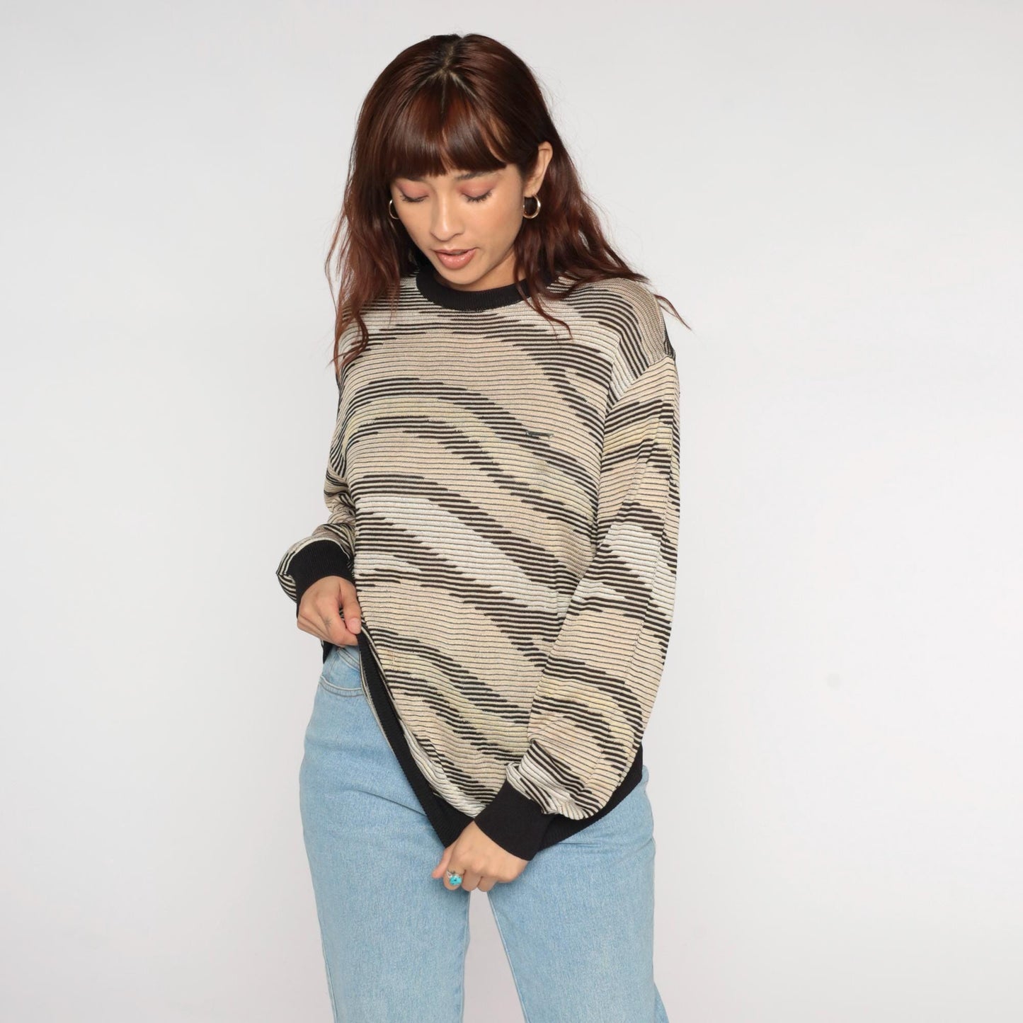 Y2K Aias Golf Striped Sweater Black Beige Cream Knit Pullover Medium M