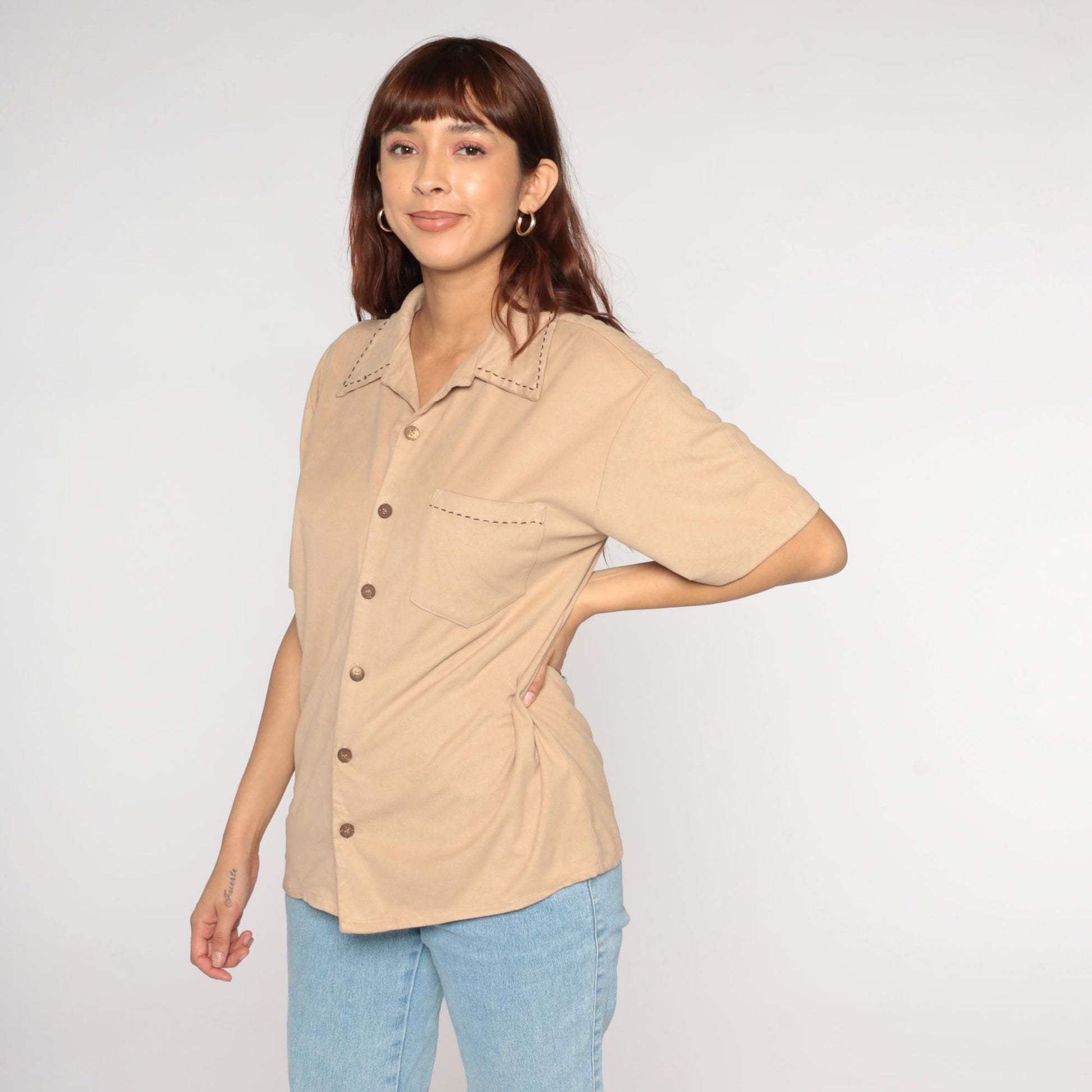 Y2K Positano Beige Camp Collar Shirt Short Sleeve Stitch Detail Small S