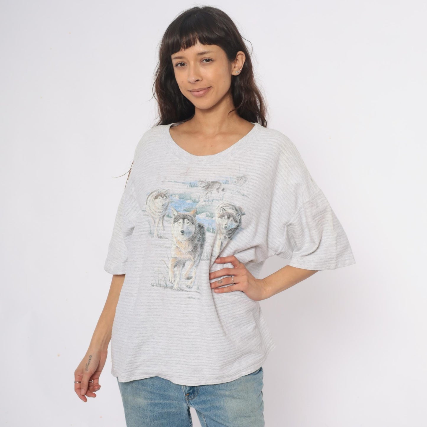 90s Wolf Graphic T-Shirt Grey Cotton V-Neck Animal Print Extra Large XL