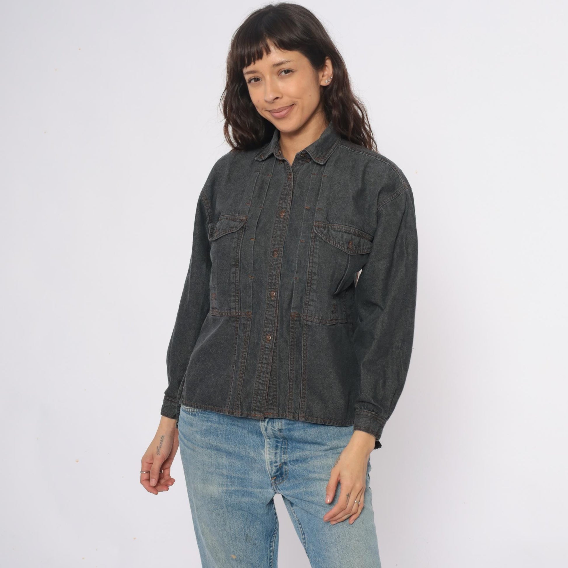 90s Changes Dark Grey Denim Shirt Jacket Cotton Button Front Small
