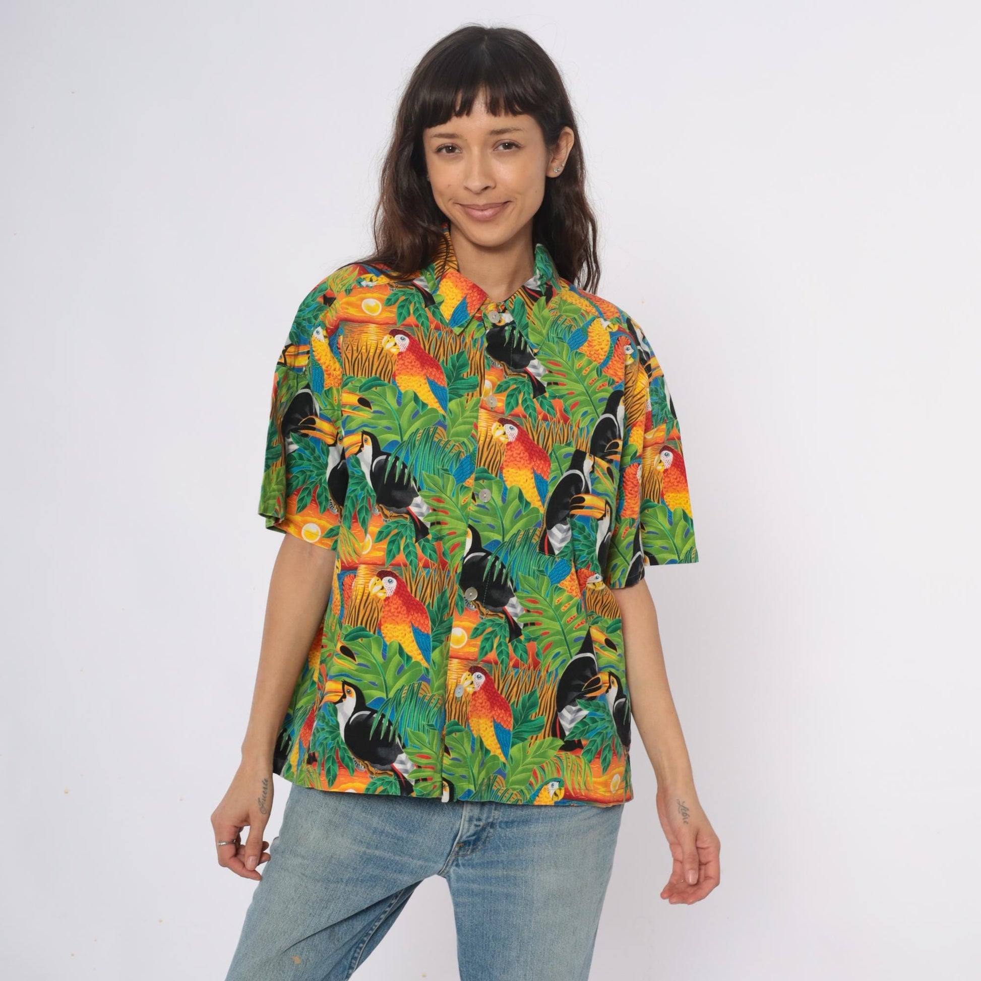 90s Hummingbird Tropical Bird Print Camp Collar Shirt Plus Size XXL