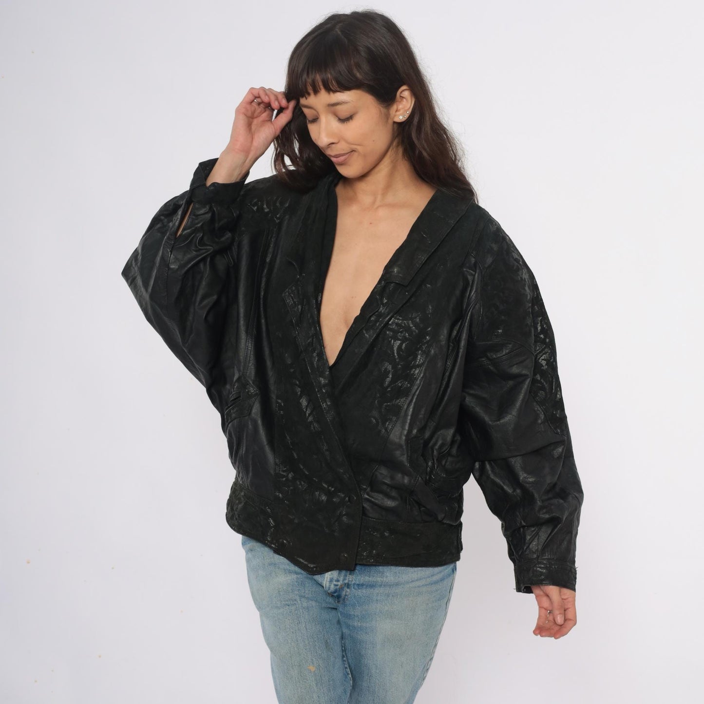 90s Black Leather Bomber Jacket Embossed Shawl Collar Medium M