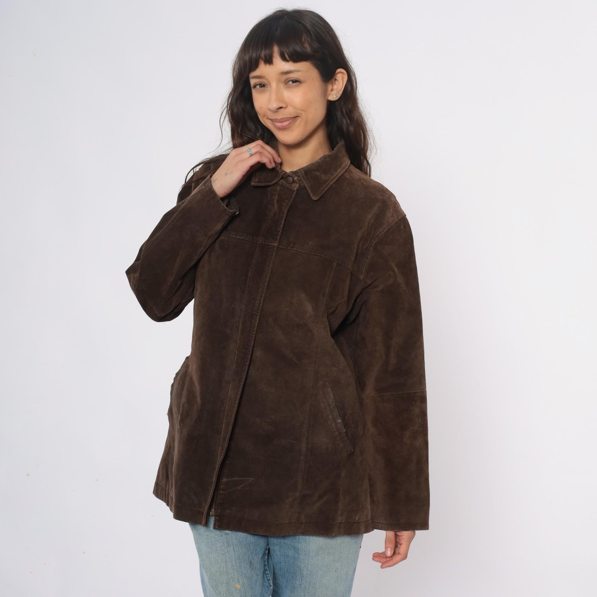 90s Ami Brown Suede Leather Jacket Collared Zip Front Large L