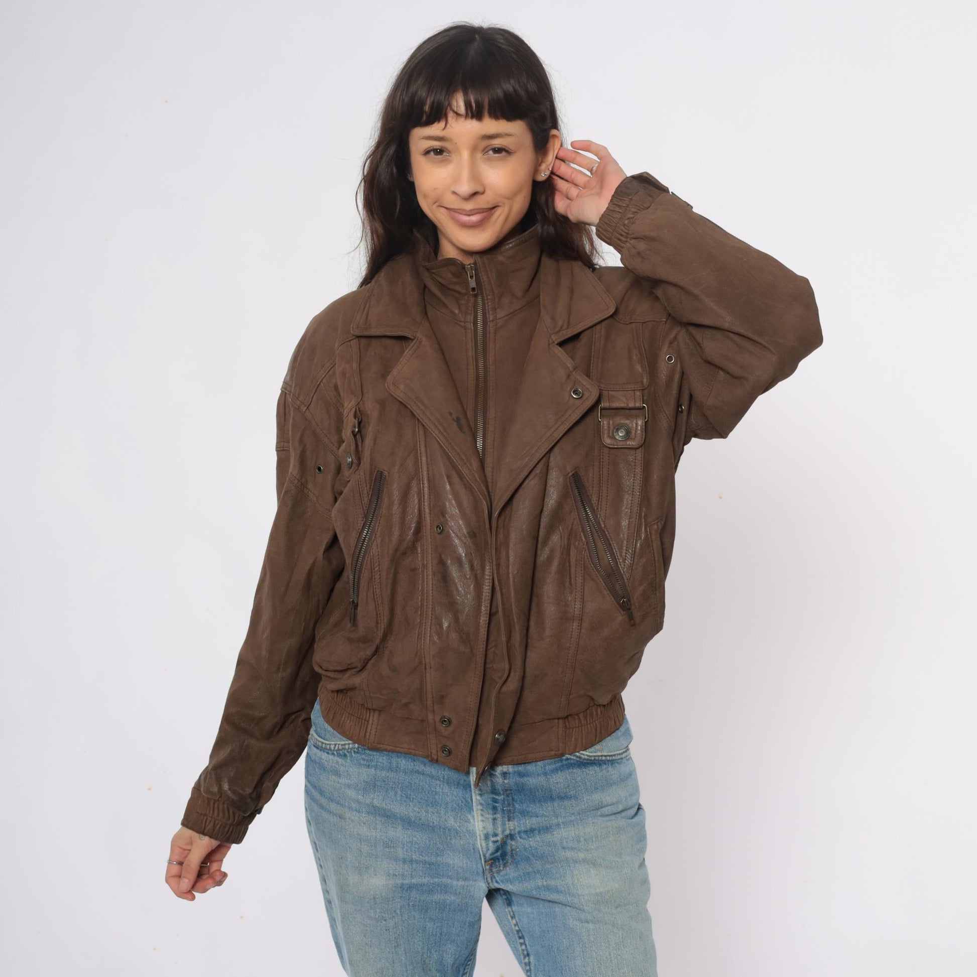 90s Wilsons Leather Brown Bomber Jacket Cropped Moto Zipper Small S