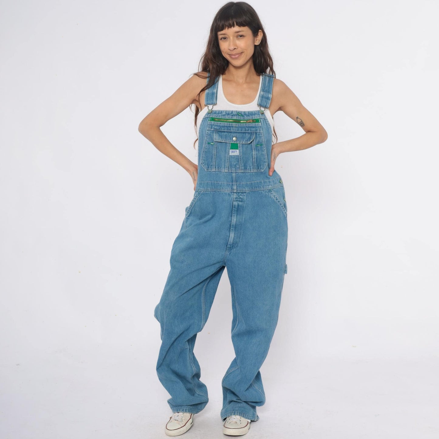 Y2K Liberty Light Blue Denim Overalls Green Stitching Carpenter Large L